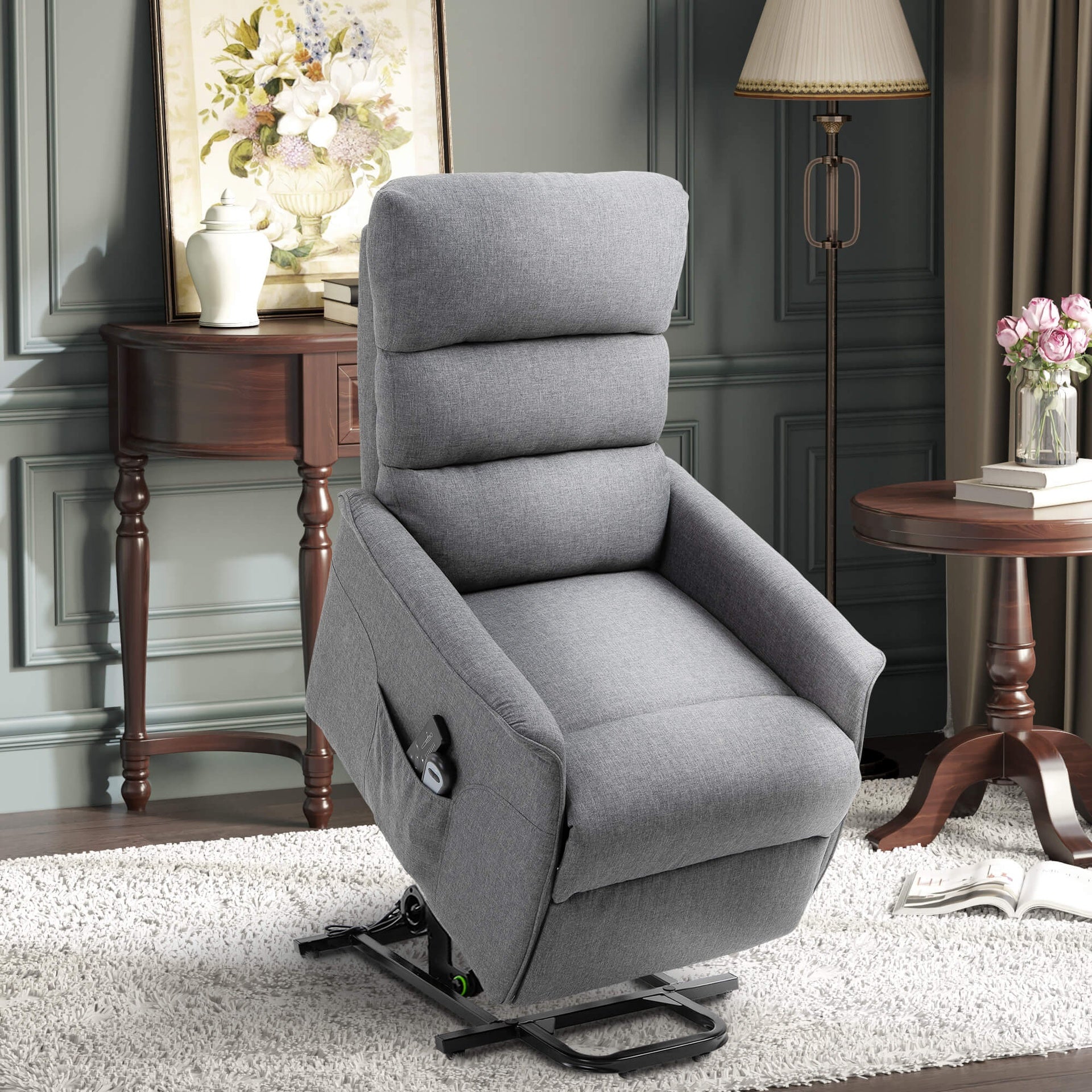 HOMCOM Power Lift Assist Recliner Chair for Elderly with Remote Control, Linen Fabric Upholstery Gray