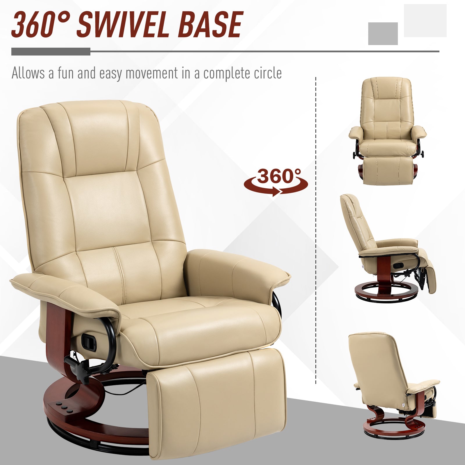 HOMCOM Swivel Recliner Chair, PU Leather Reclining Armchair with Retractable Footrest, Lounge Chair with Wood Base and Adjustable High Back for Small Spaces, Living Room, RV, Bedroom, Cream White