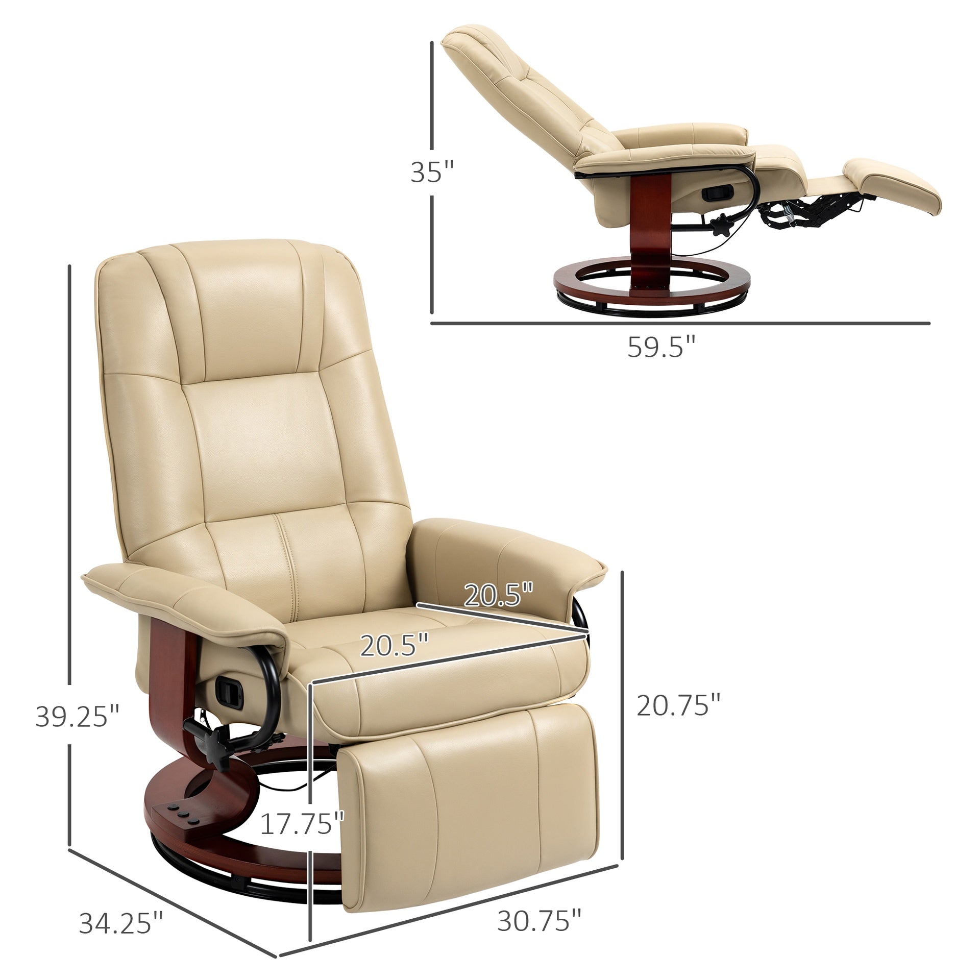 HOMCOM Swivel Recliner Chair, PU Leather Reclining Armchair with Retractable Footrest, Lounge Chair with Wood Base and Adjustable High Back for Small Spaces, Living Room, RV, Bedroom, Cream White