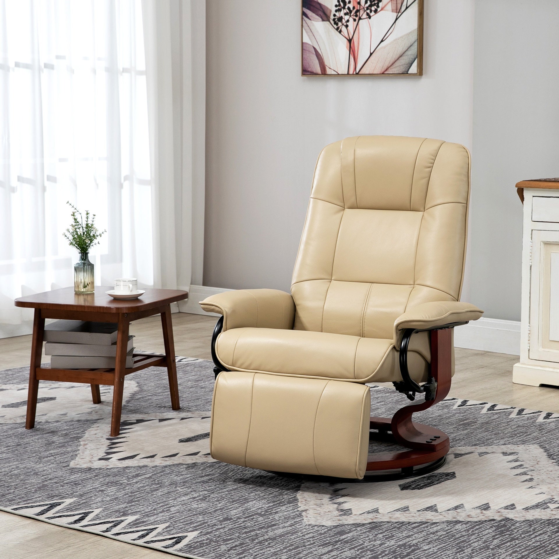 HOMCOM Swivel Recliner Chair, PU Leather Reclining Armchair with Retractable Footrest, Lounge Chair with Wood Base and Adjustable High Back for Small Spaces, Living Room, RV, Bedroom, Cream White