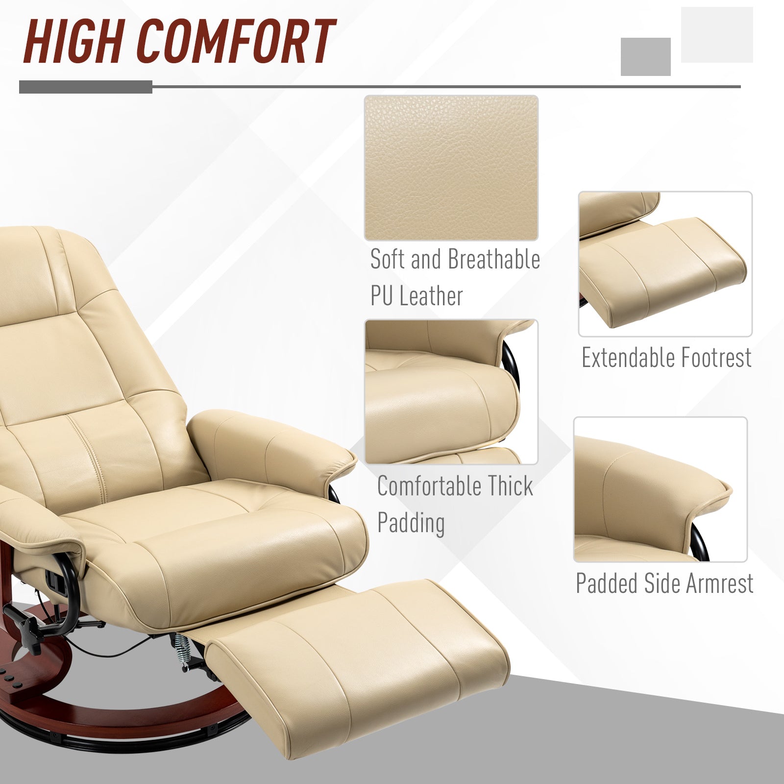 HOMCOM Swivel Recliner Chair, PU Leather Reclining Armchair with Retractable Footrest, Lounge Chair with Wood Base and Adjustable High Back for Small Spaces, Living Room, RV, Bedroom, Cream White