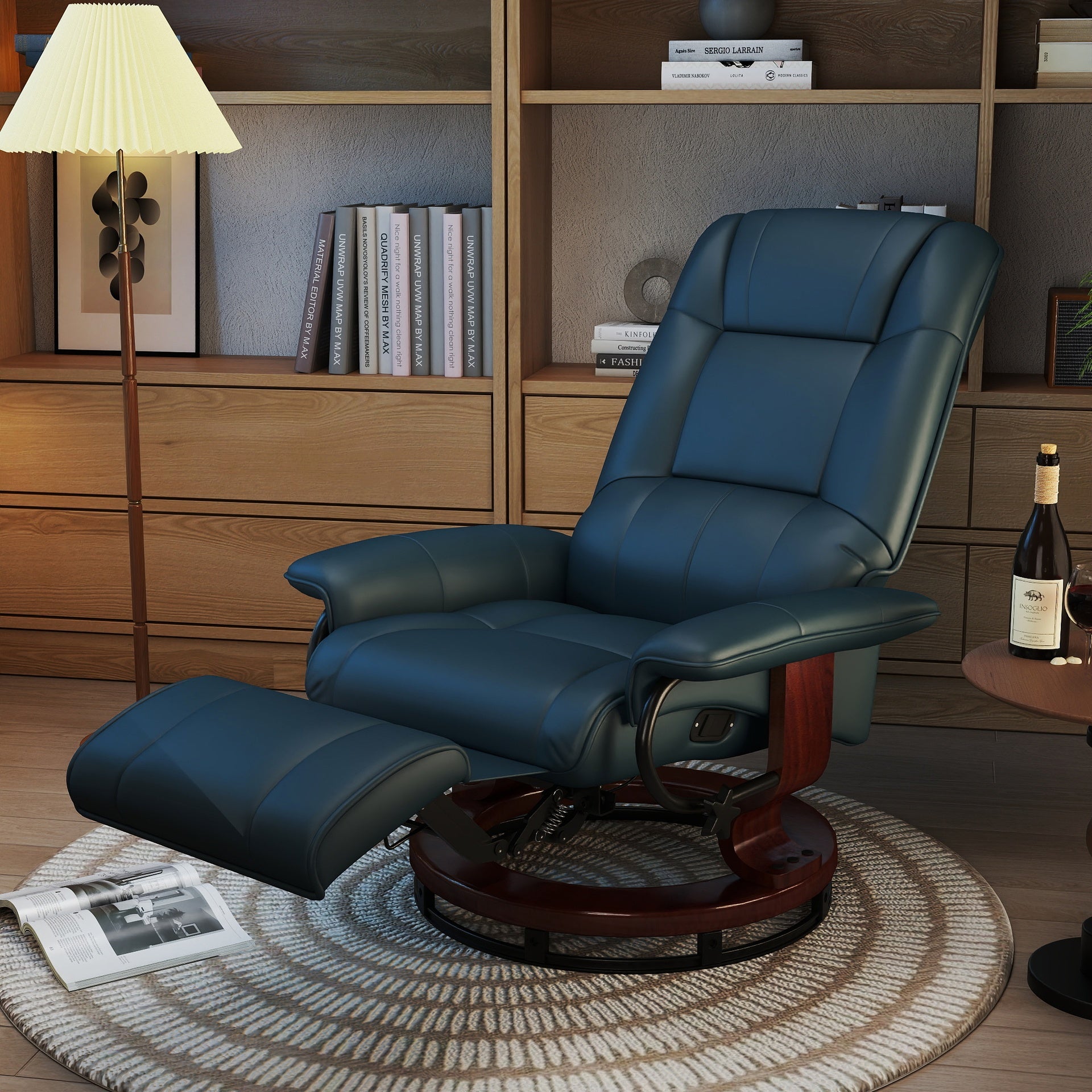 HOMCOM Faux Leather Manual Recliner, Adjustable Swivel Lounge Chair with Footrest, Armrest and Wrapped Wood Base for Living Room, Blue