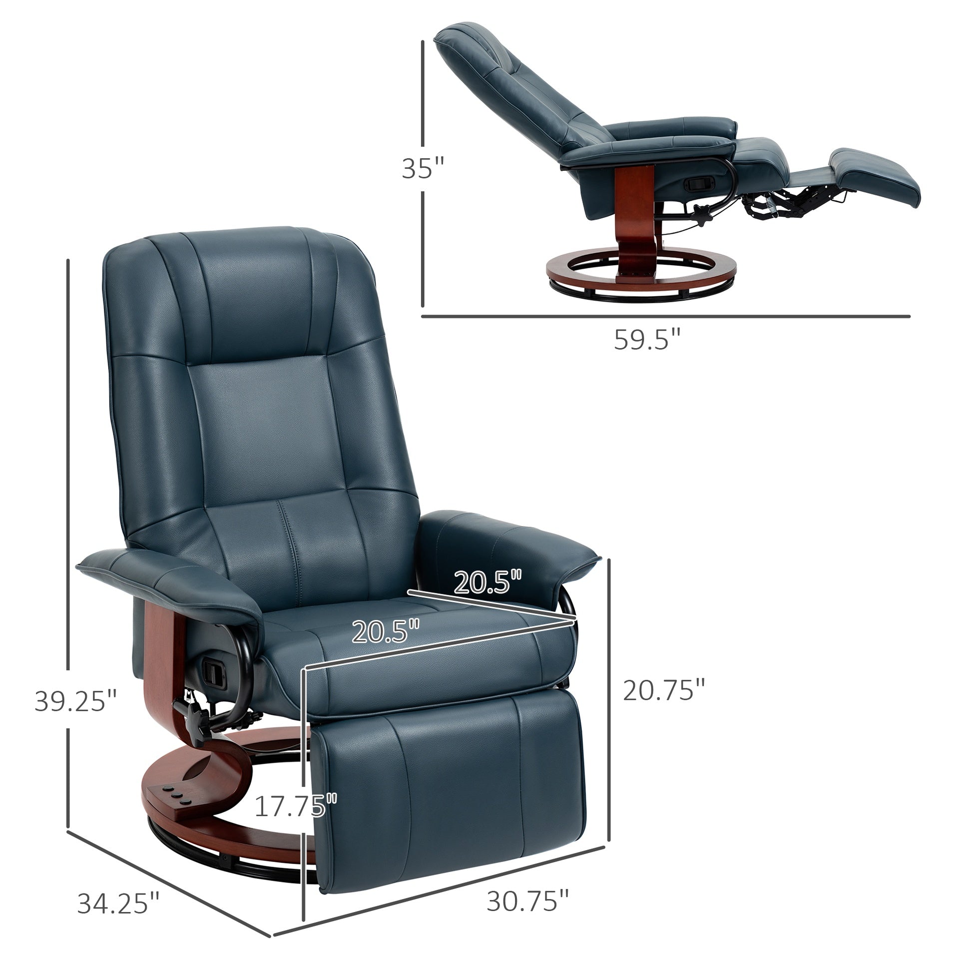 HOMCOM Faux Leather Manual Recliner, Adjustable Swivel Lounge Chair with Footrest, Armrest and Wrapped Wood Base for Living Room, Blue
