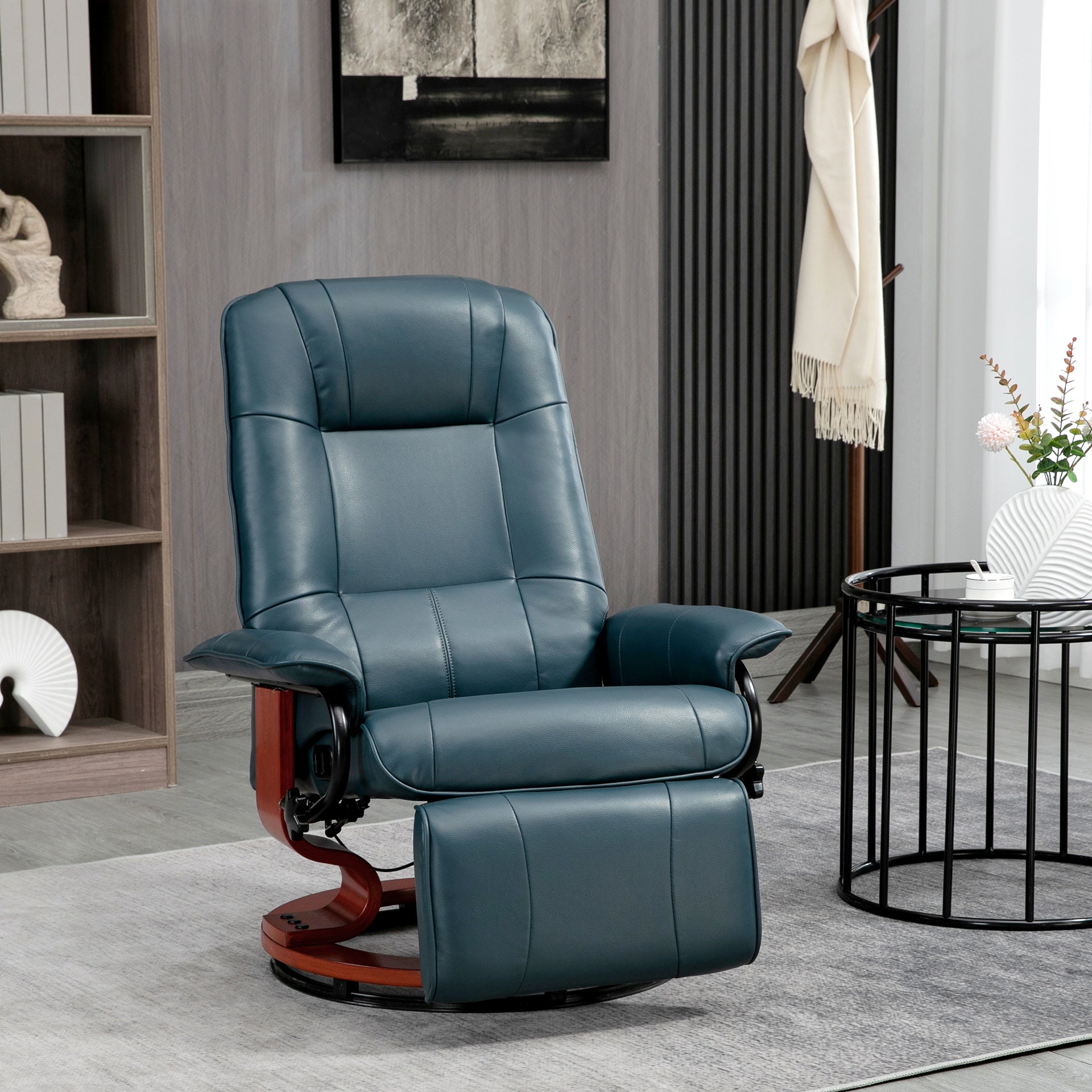 HOMCOM Faux Leather Manual Recliner, Adjustable Swivel Lounge Chair with Footrest, Armrest and Wrapped Wood Base for Living Room, Blue