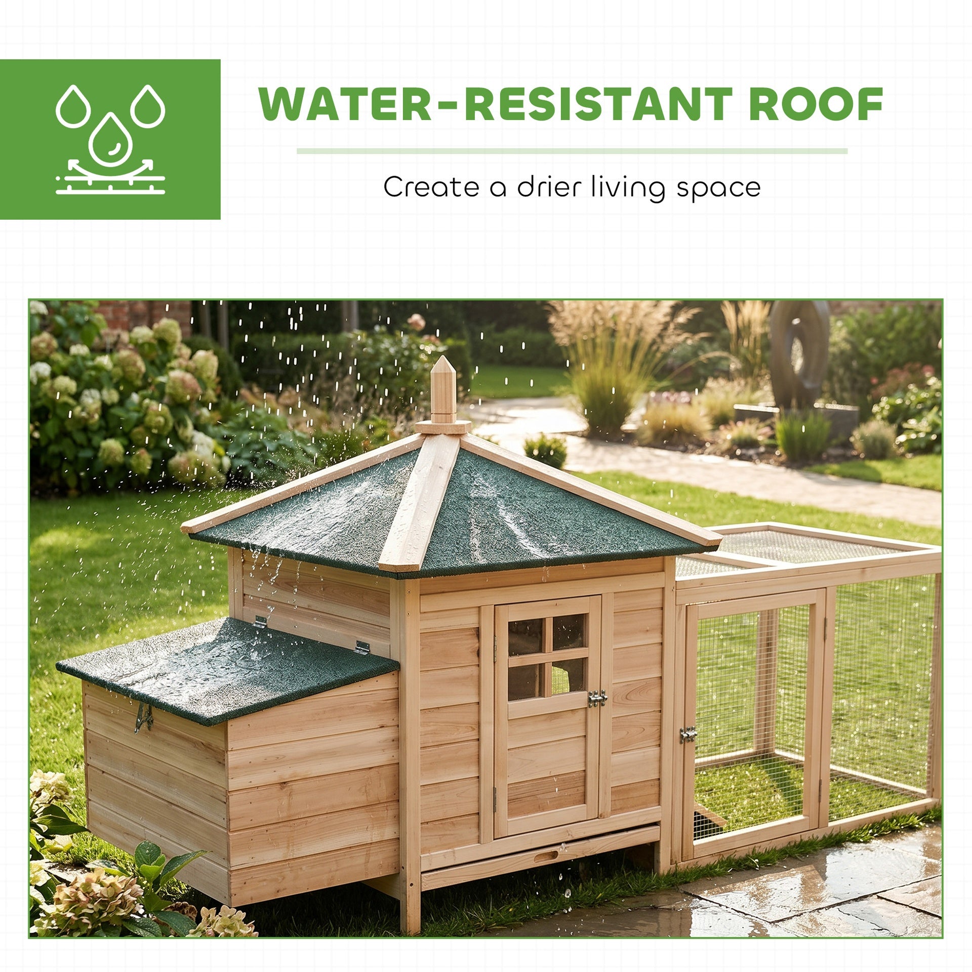 PawHut 77" Wooden Chicken Coop with Nesting Box, Cute Outdoor Hen House with Removable Tray, Ramp Run, for Garden Backyard, Natural