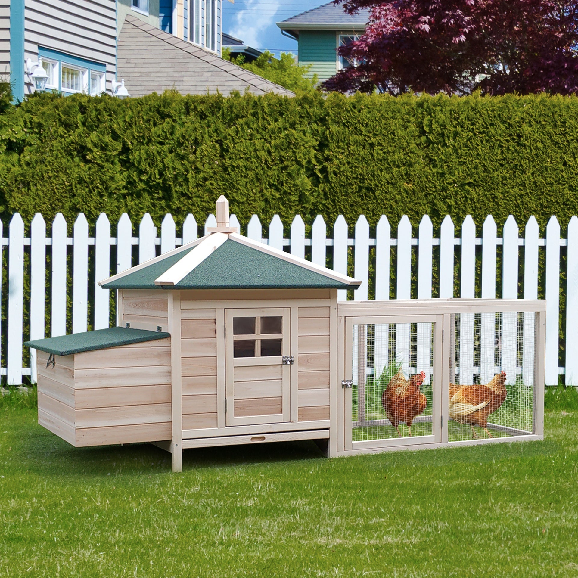 PawHut 77" Wooden Chicken Coop with Nesting Box, Cute Outdoor Hen House with Removable Tray, Ramp Run, for Garden Backyard, Natural
