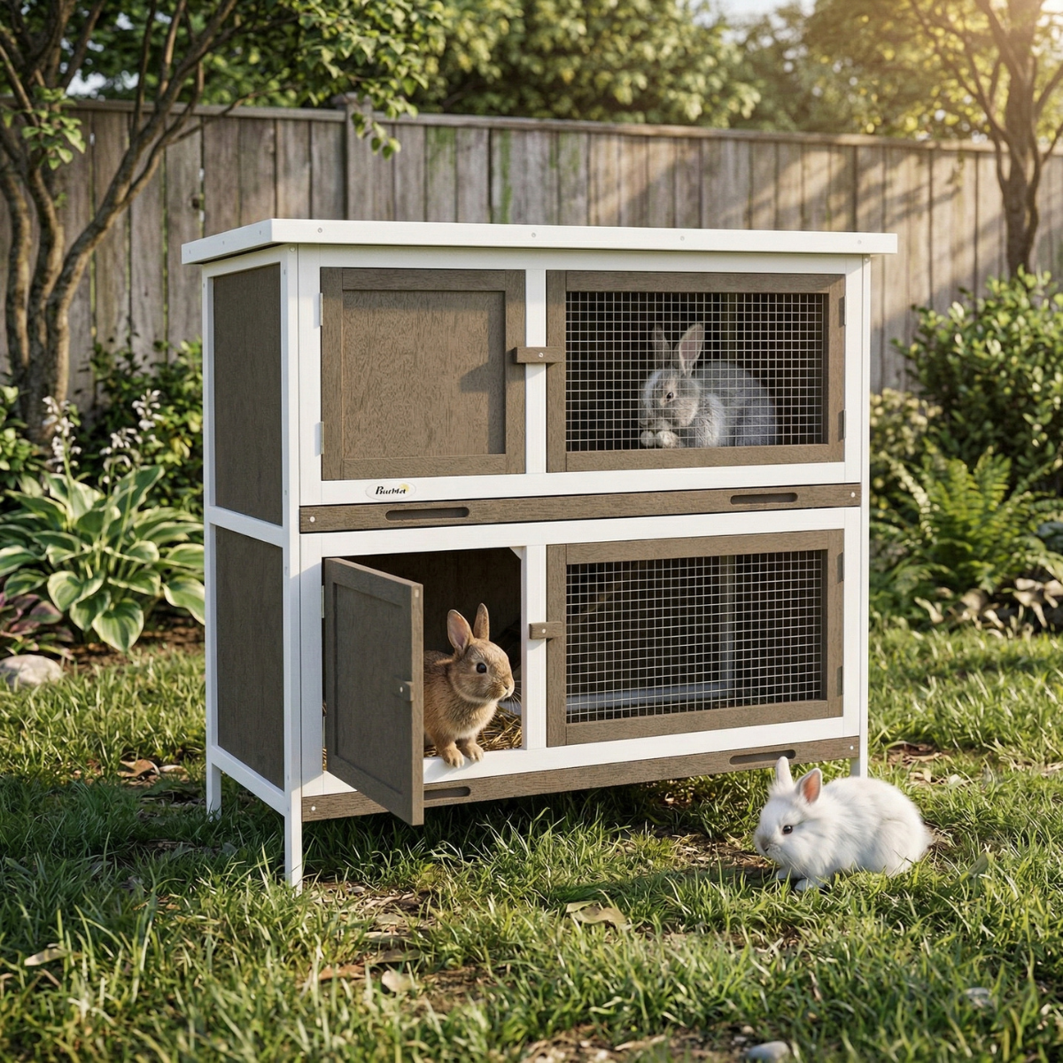 PawHut Wooden Bunny Hutch with Ramp, Indoor/Outdoor, Brown