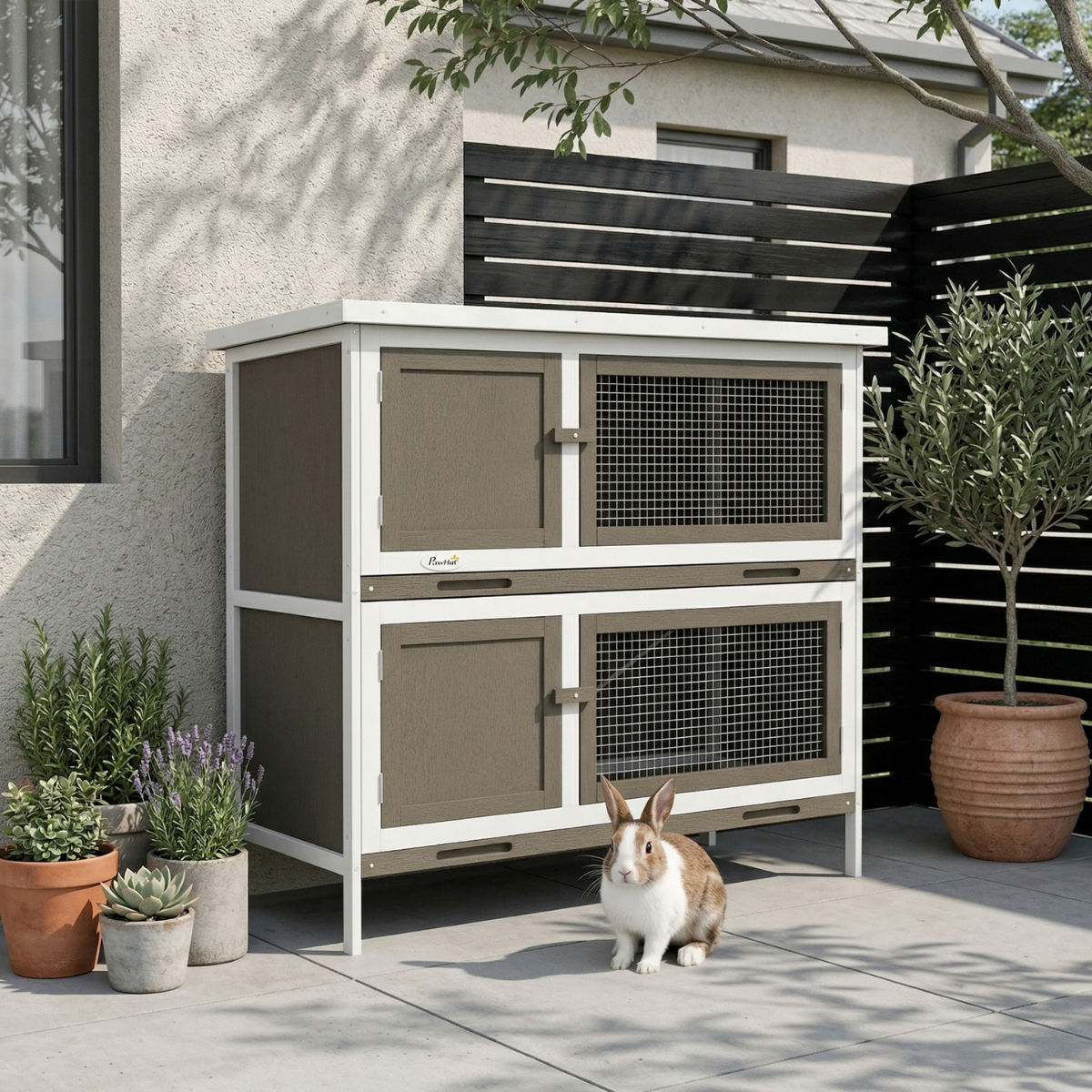 PawHut Wooden Bunny Hutch with Ramp, Indoor/Outdoor, Brown