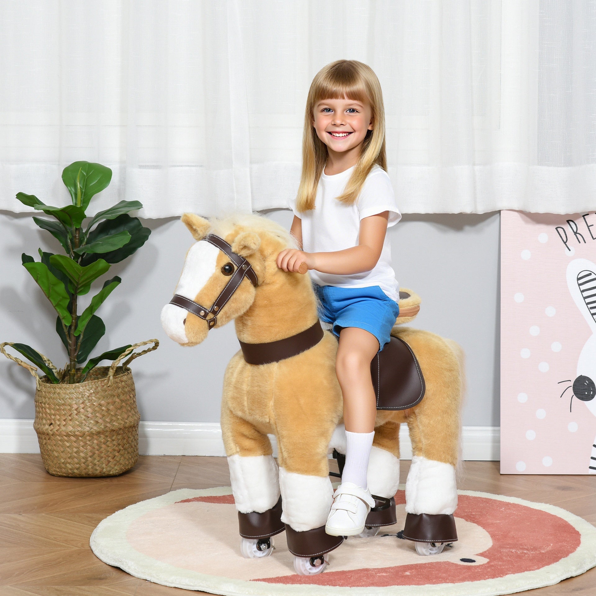 Qaba Ride on Horse, Plush Walking Horse Toy, Kids Riding Chair with Wheels for Kids 3-8 Years, Light Brown