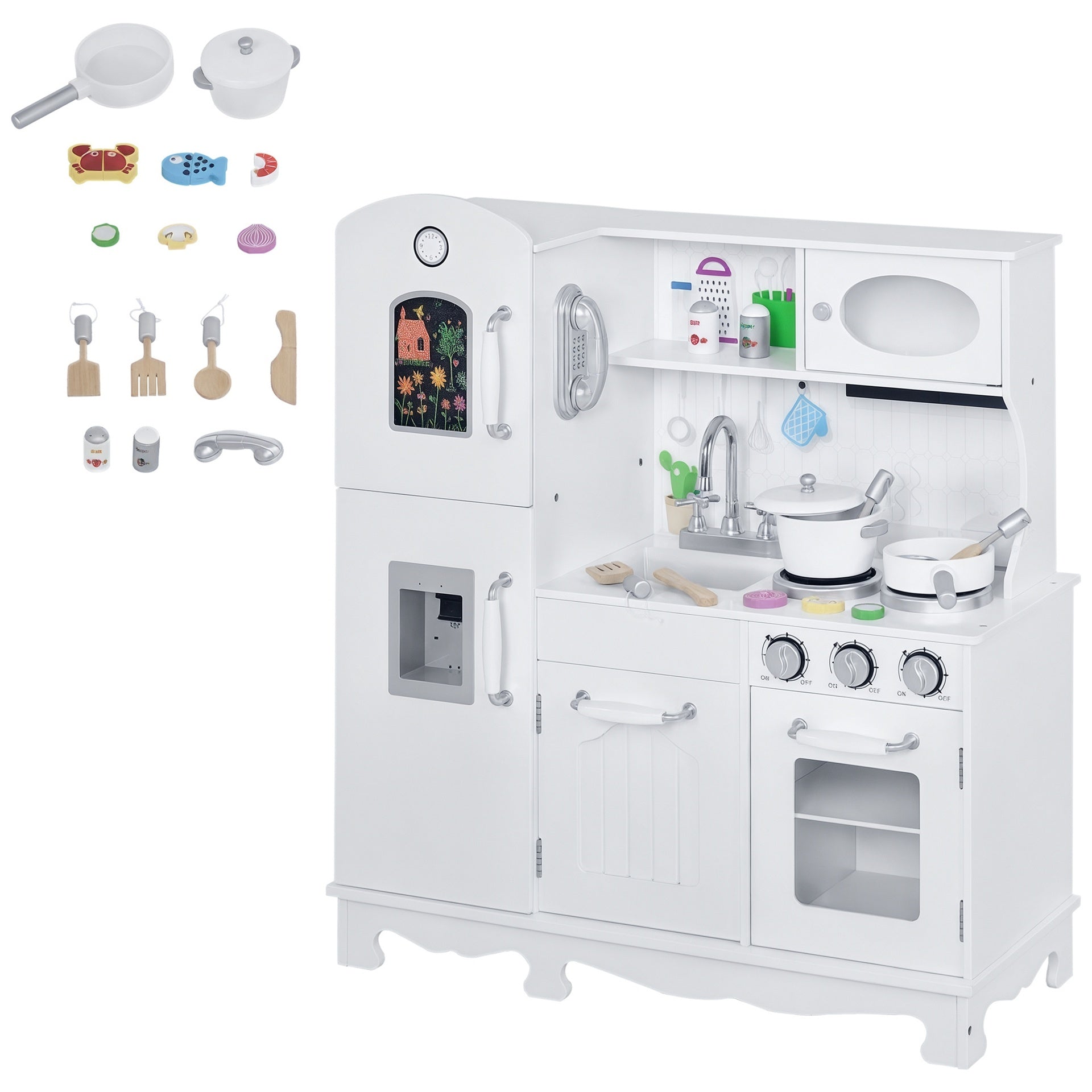 Qaba Kids Kitchen Playset with Telephone, Wooden Kitchenette for kids with Cookware, Storage Cabinet, Water Dispenser, Blackboard, Toddler Pretend Play Kitchen with Cooking Accessories for Aged 3+