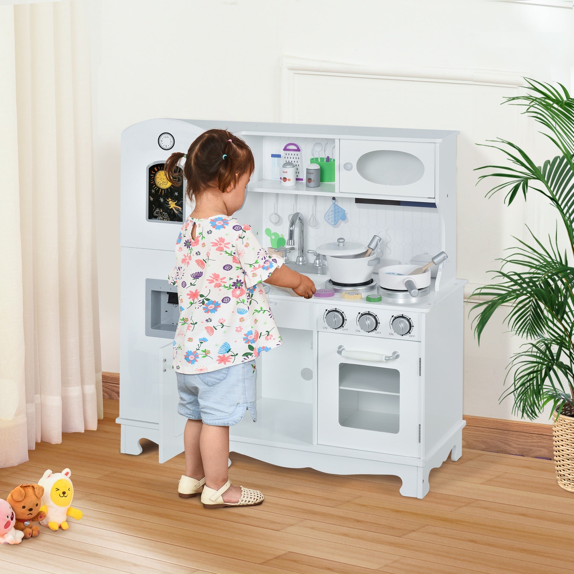 Qaba Kids Kitchen Playset with Telephone, Wooden Kitchenette for kids with Cookware, Storage Cabinet, Water Dispenser, Blackboard, Toddler Pretend Play Kitchen with Cooking Accessories for Aged 3+