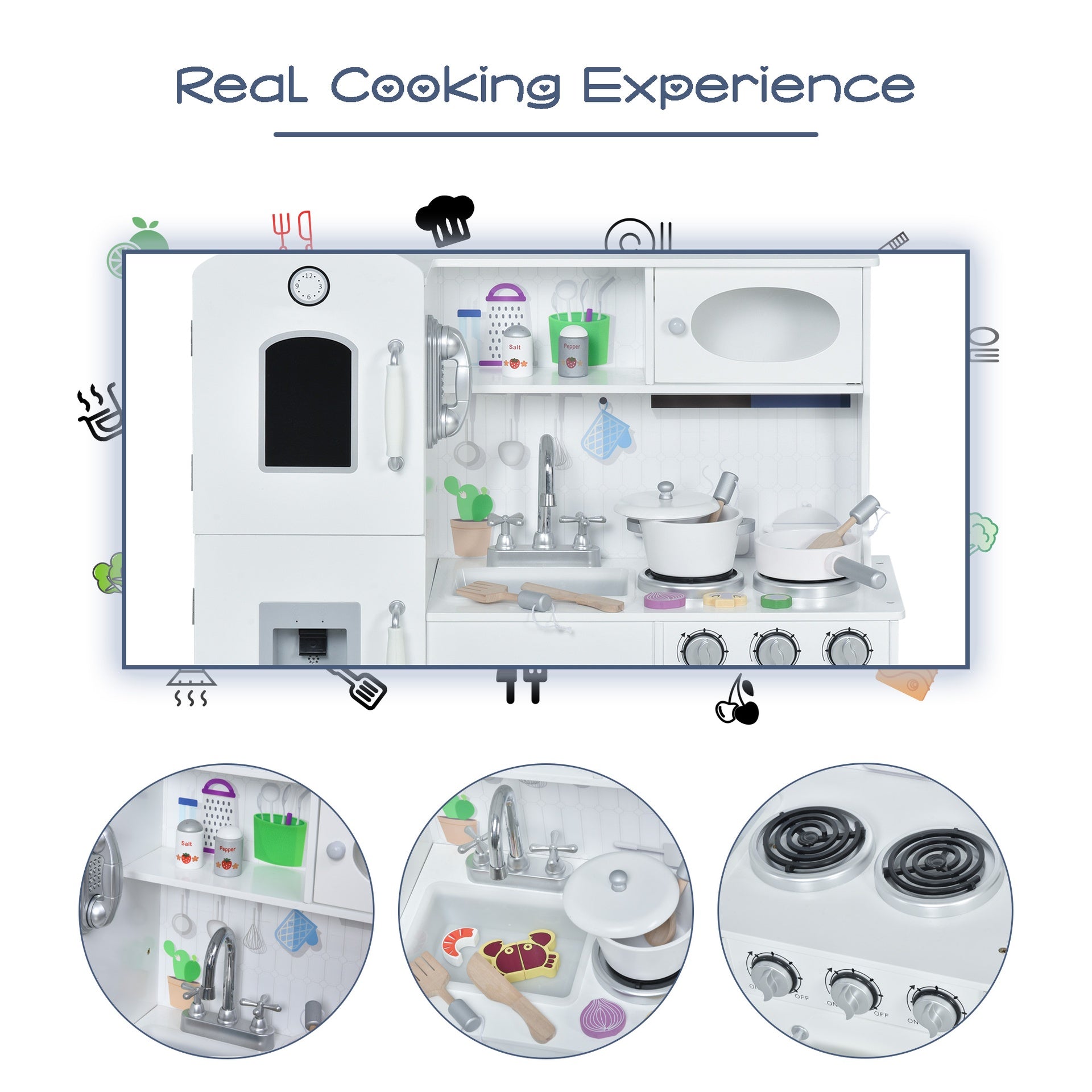 Qaba Kids Kitchen Playset with Telephone, Wooden Kitchenette for kids with Cookware, Storage Cabinet, Water Dispenser, Blackboard, Toddler Pretend Play Kitchen with Cooking Accessories for Aged 3+