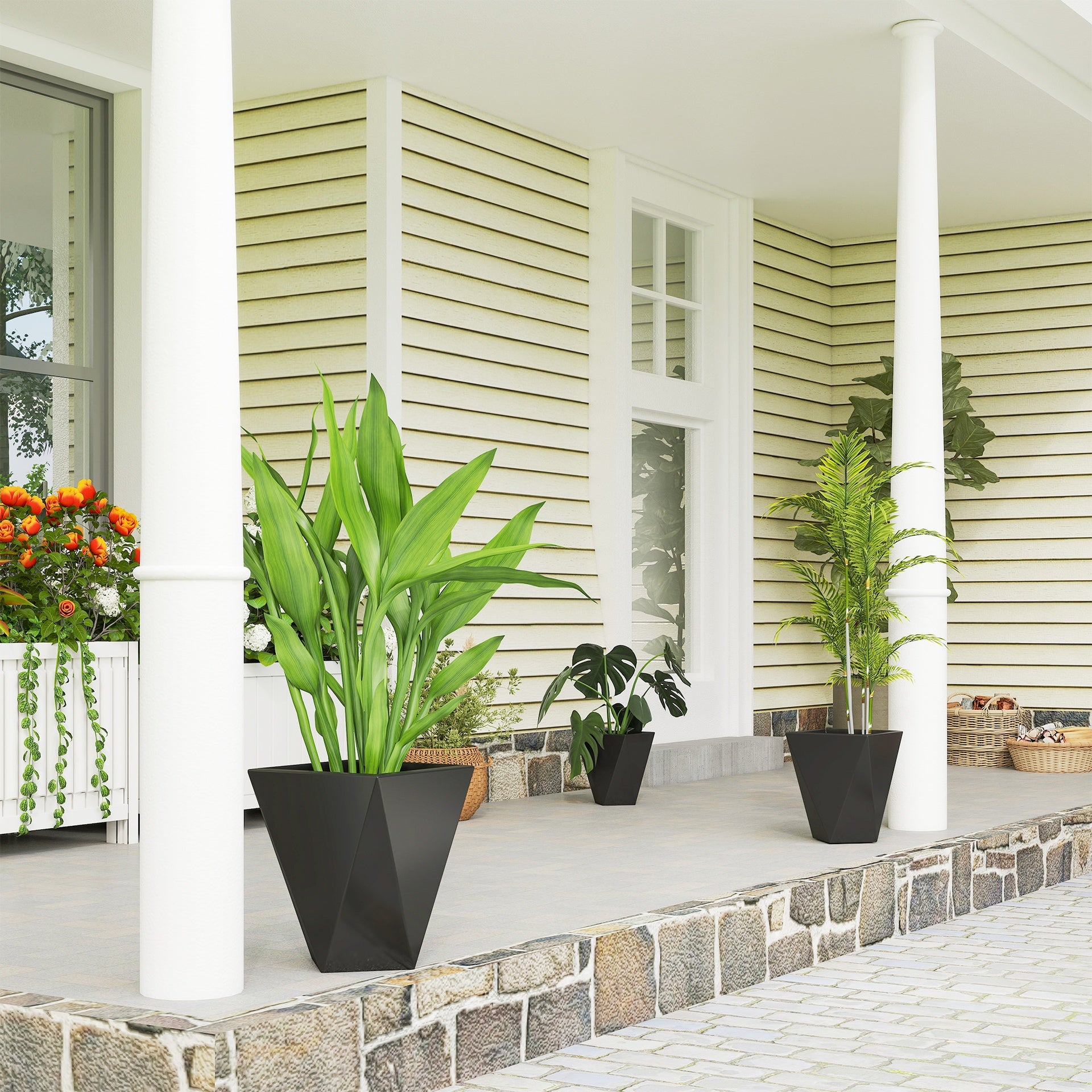 Outsunny Indoor Outdoor Planters Set of 3 MgO Tall Planters Stackable Flower Pots with Drainage Holes for Garden, Balcony, Black