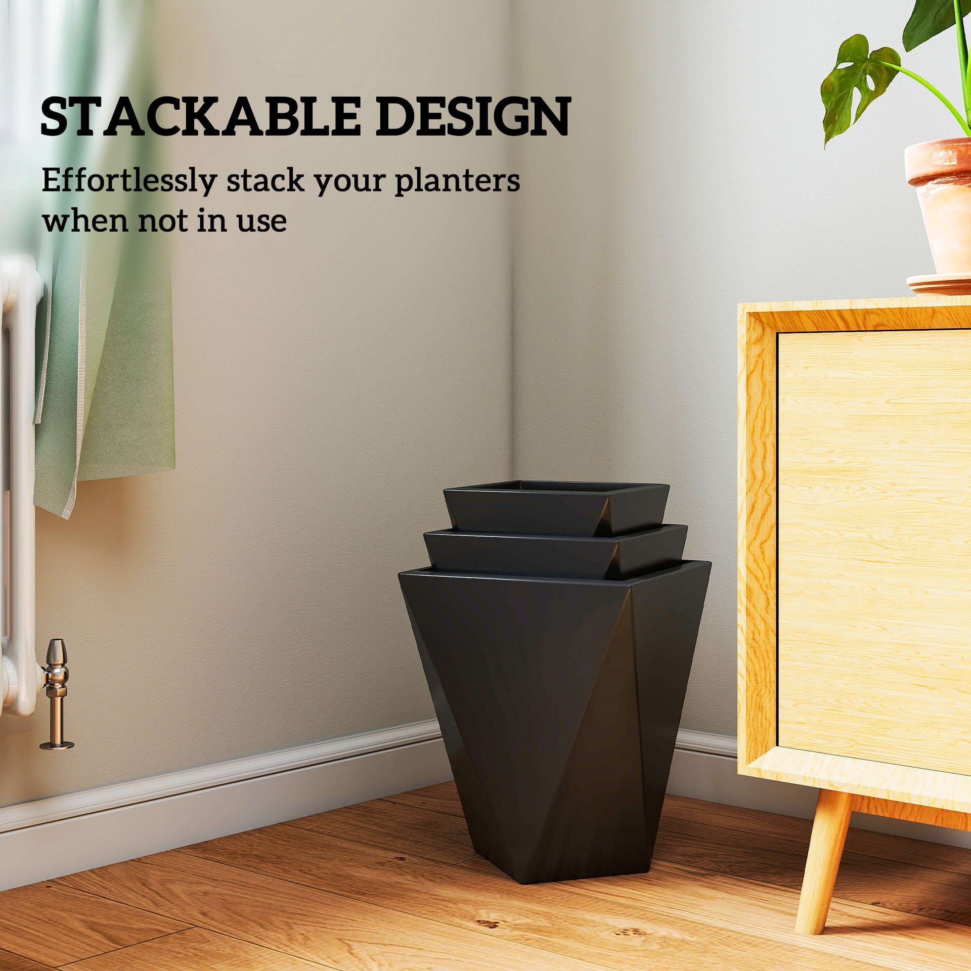 Outsunny Indoor Outdoor Planters Set of 3 MgO Tall Planters Stackable Flower Pots with Drainage Holes for Garden, Balcony, Black