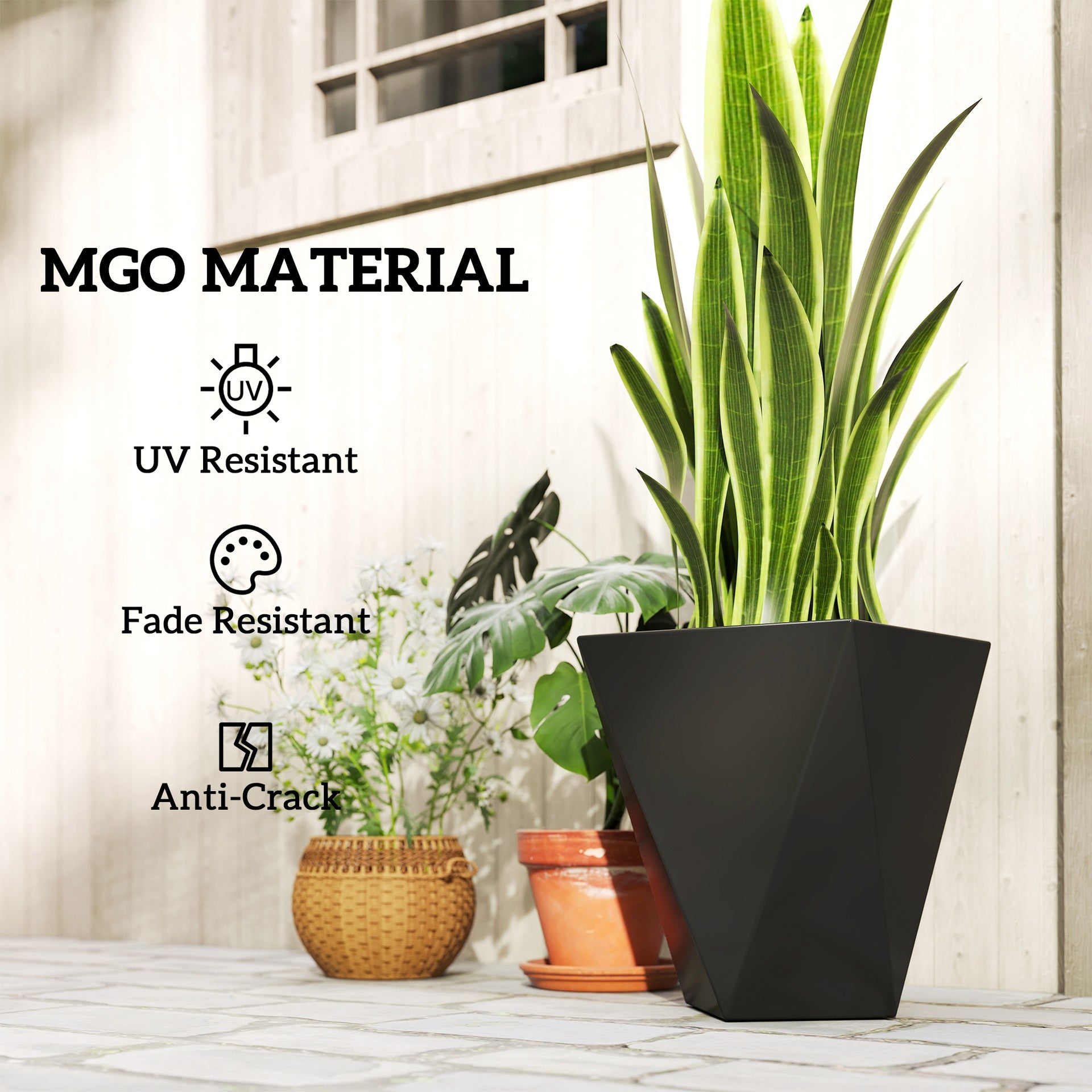 Outsunny Indoor Outdoor Planters Set of 3 MgO Tall Planters Stackable Flower Pots with Drainage Holes for Garden, Balcony, Black