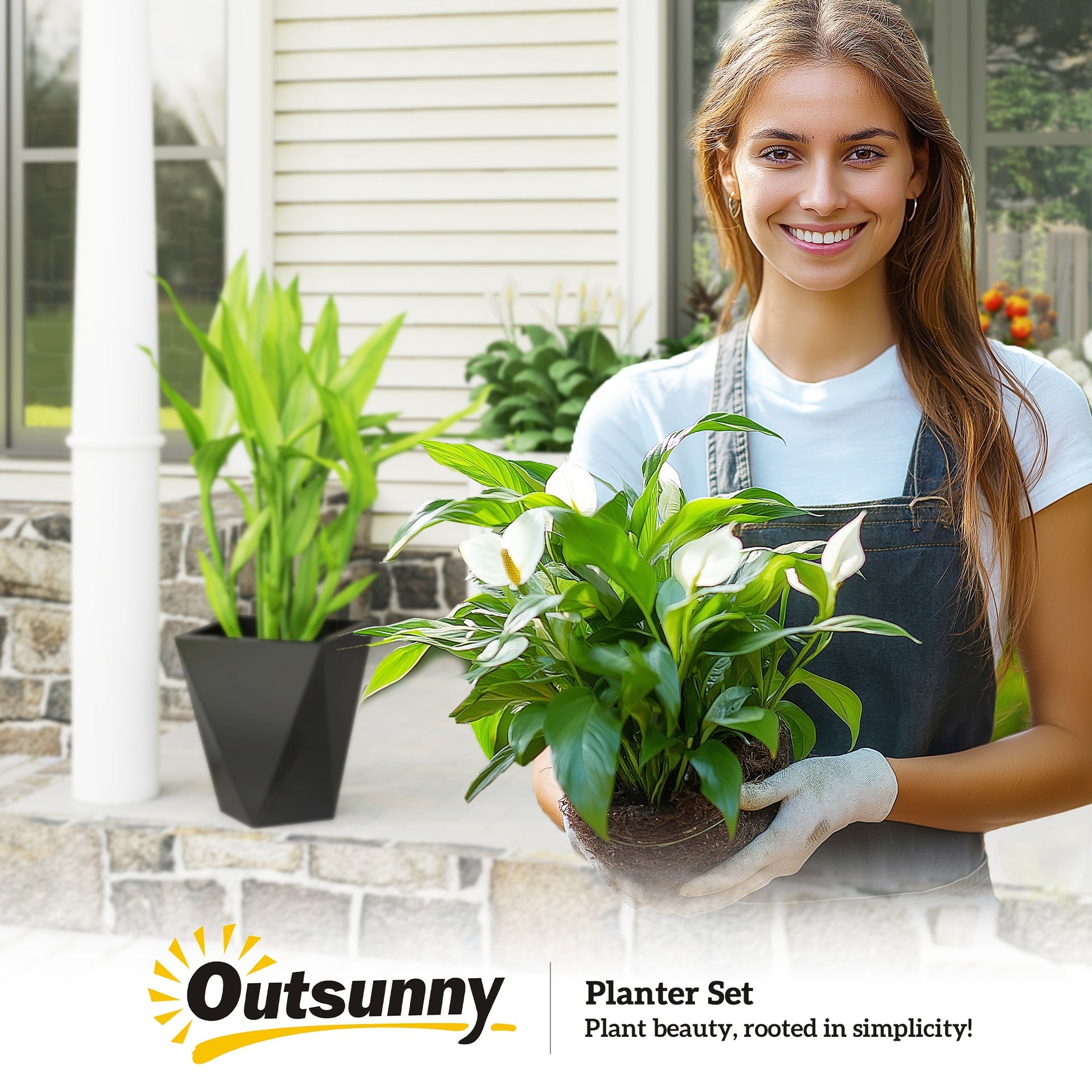 Outsunny Indoor Outdoor Planters Set of 3 MgO Tall Planters Stackable Flower Pots with Drainage Holes for Garden, Balcony, Black