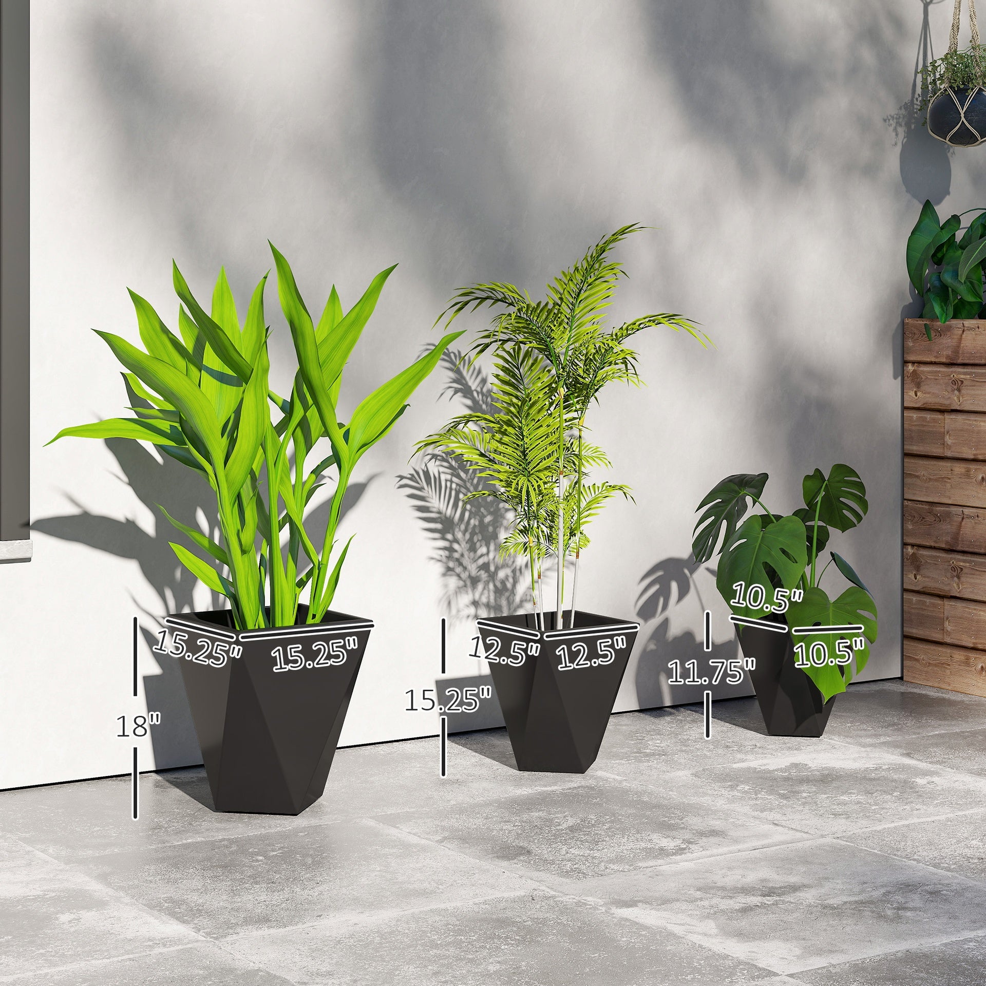 Outsunny Indoor Outdoor Planters Set of 3 MgO Tall Planters Stackable Flower Pots with Drainage Holes for Garden, Balcony, Black