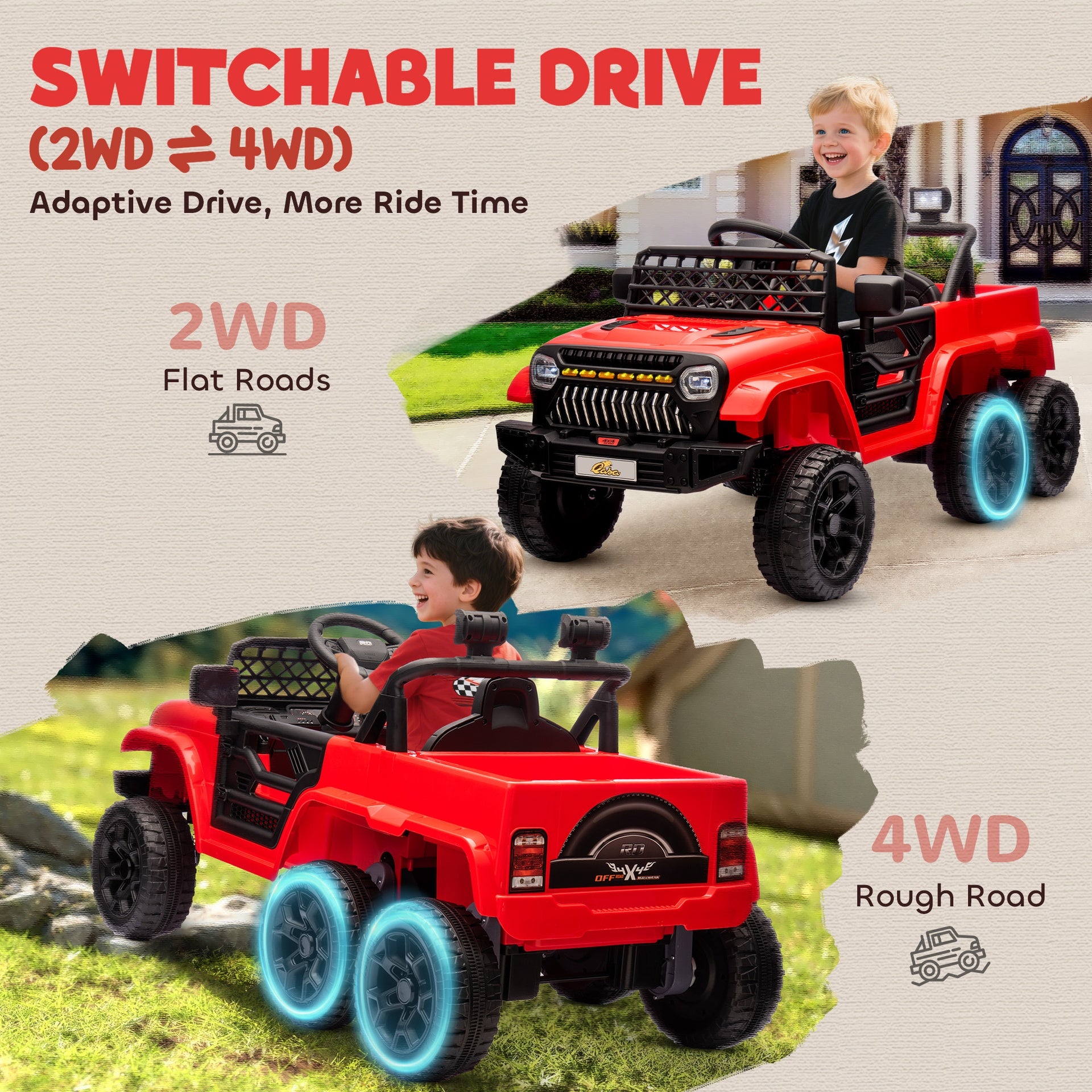 Qaba 12V 4x4 Kids Electric Car w/ 2WD/4WD Switchable, Remote Control, Spring Suspension System, Back Trailer, Red