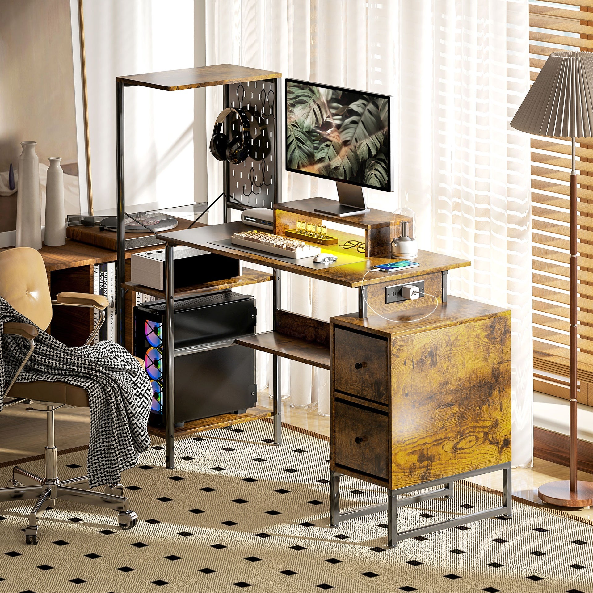 HOMCOM 56" Computer Desk with Storage, Computer Table with Power Outlets and LED Lights, Rustic Brown