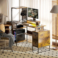 HOMCOM 56" Computer Desk with Storage, Computer Table with Power Outlets and LED Lights, Rustic Brown