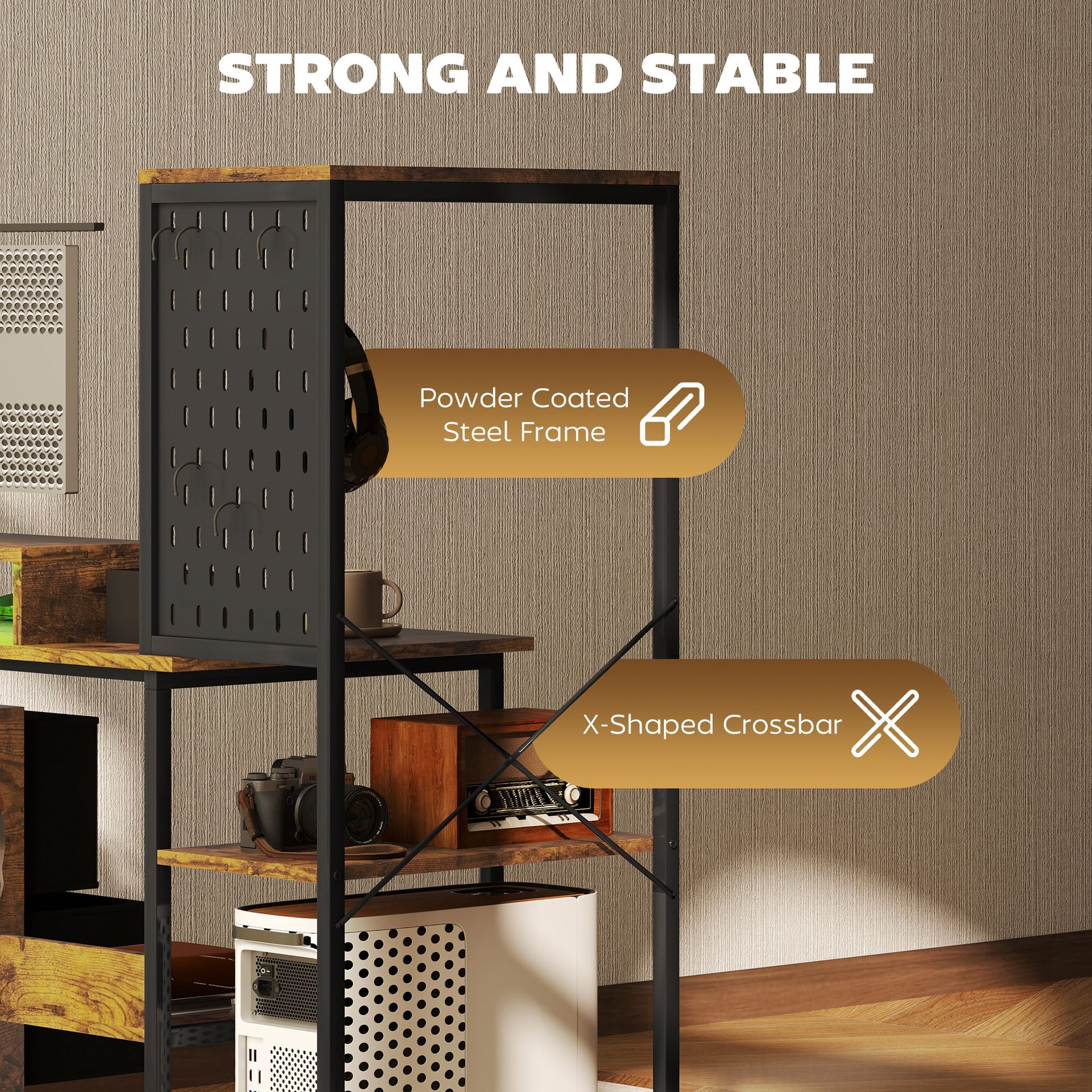 HOMCOM 56" Computer Desk with Storage, Computer Table with Power Outlets and LED Lights, Rustic Brown