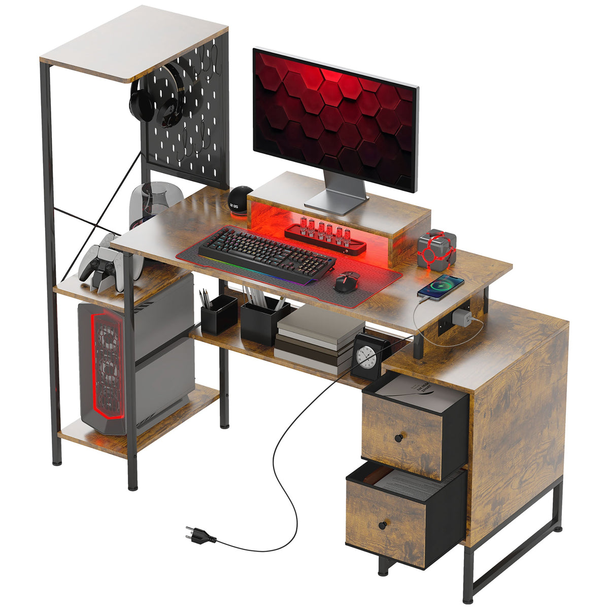 HOMCOM 56" Computer Desk with Storage, Computer Table with Power Outlets and LED Lights, Rustic Brown