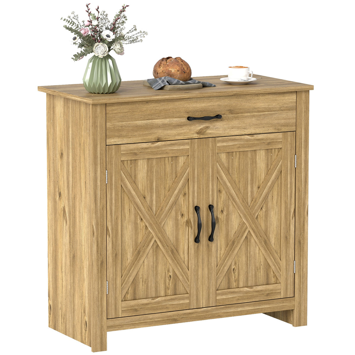 HOMCOM Farmhouse Sideboard Buffet Cabinet, Barn Door Coffee Bar Cabinet with Drawer and Adjustable Shelf for Kitchen, Living Room, Entryway, Natural Wood Effect