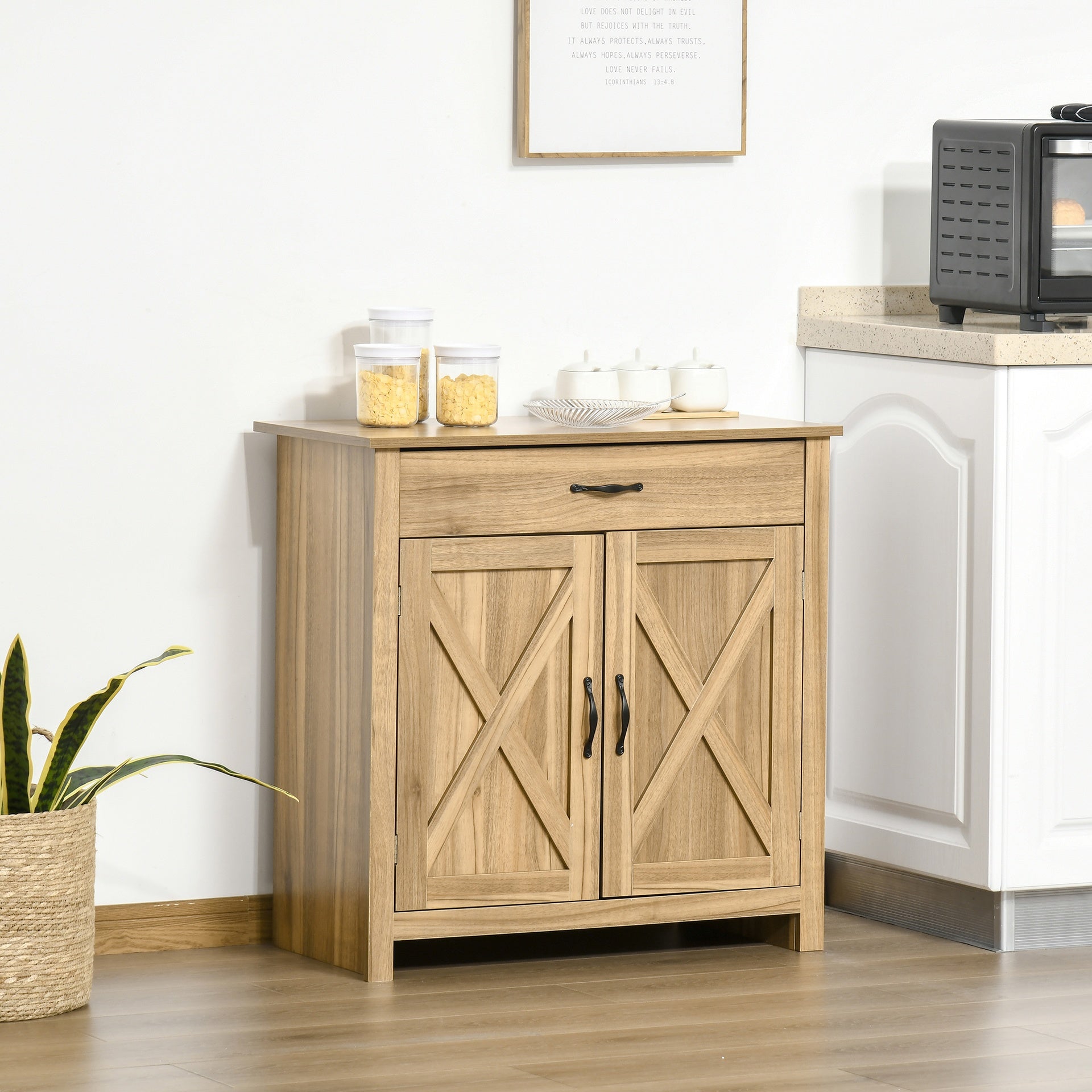 HOMCOM Farmhouse Sideboard Buffet Cabinet, Barn Door Coffee Bar Cabinet with Drawer and Adjustable Shelf for Kitchen, Living Room, Entryway, Natural Wood Effect