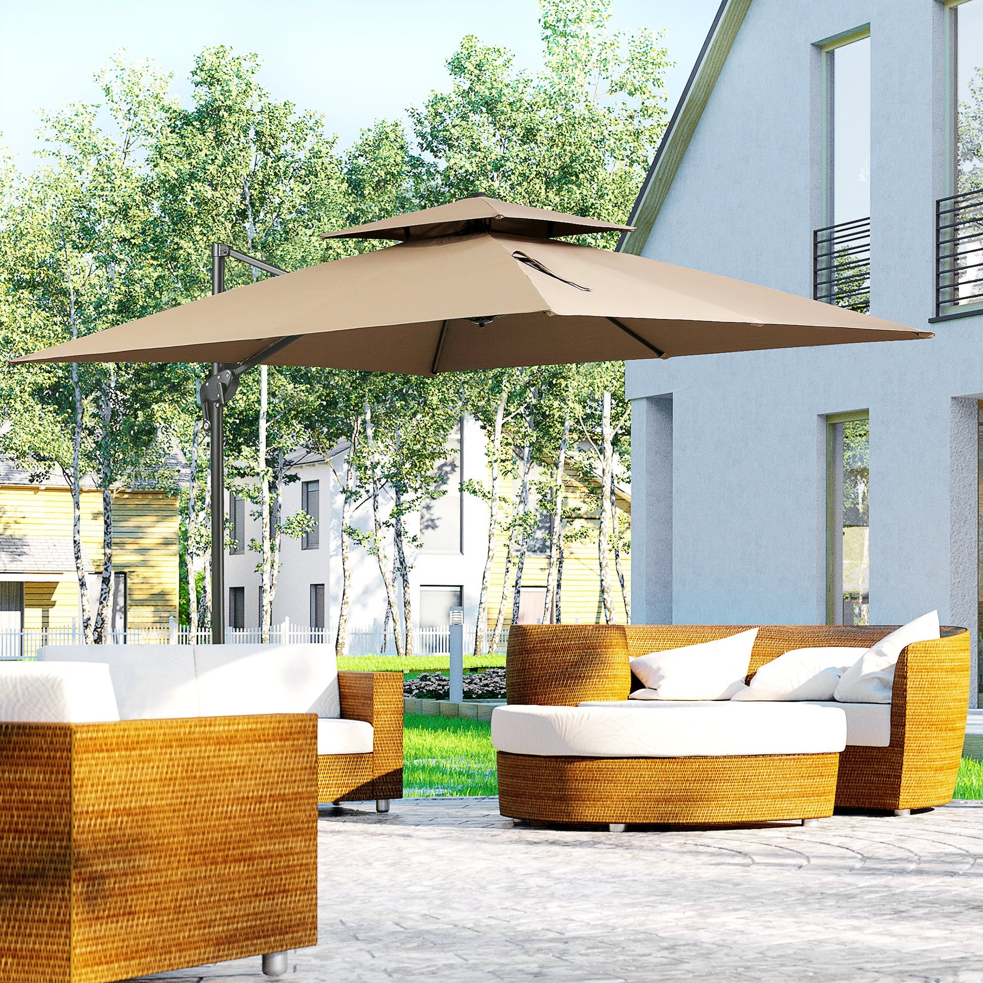 Outsunny 10ft Offset Patio Umbrella with Base, Double Top Hanging Aluminum Cantilever Umbrella with 360-degree Rotation, Easy Tilt, 8 Ribs, Crank, Cross Base, Cover, Strap, Coffee