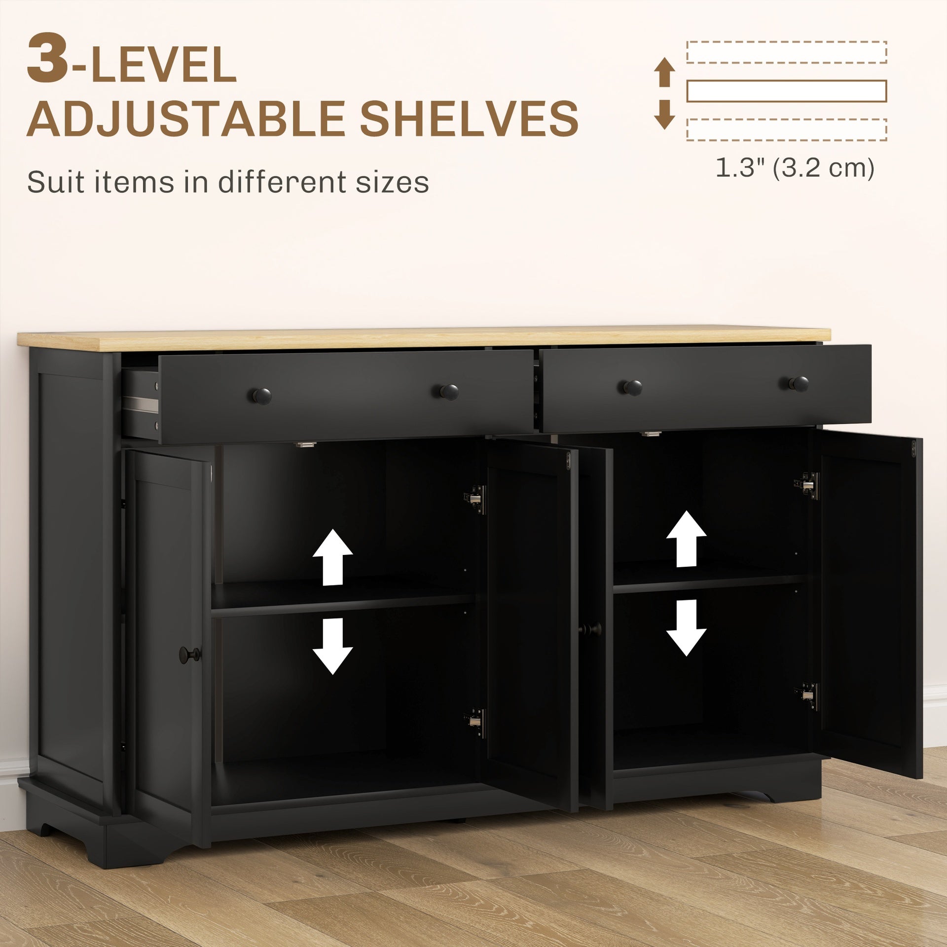 HOMCOM Modern Sideboard, Buffet Cabinet with Storage Drawers, Adjustable Shelves for Living Room, Dining Room, Entryway, Black