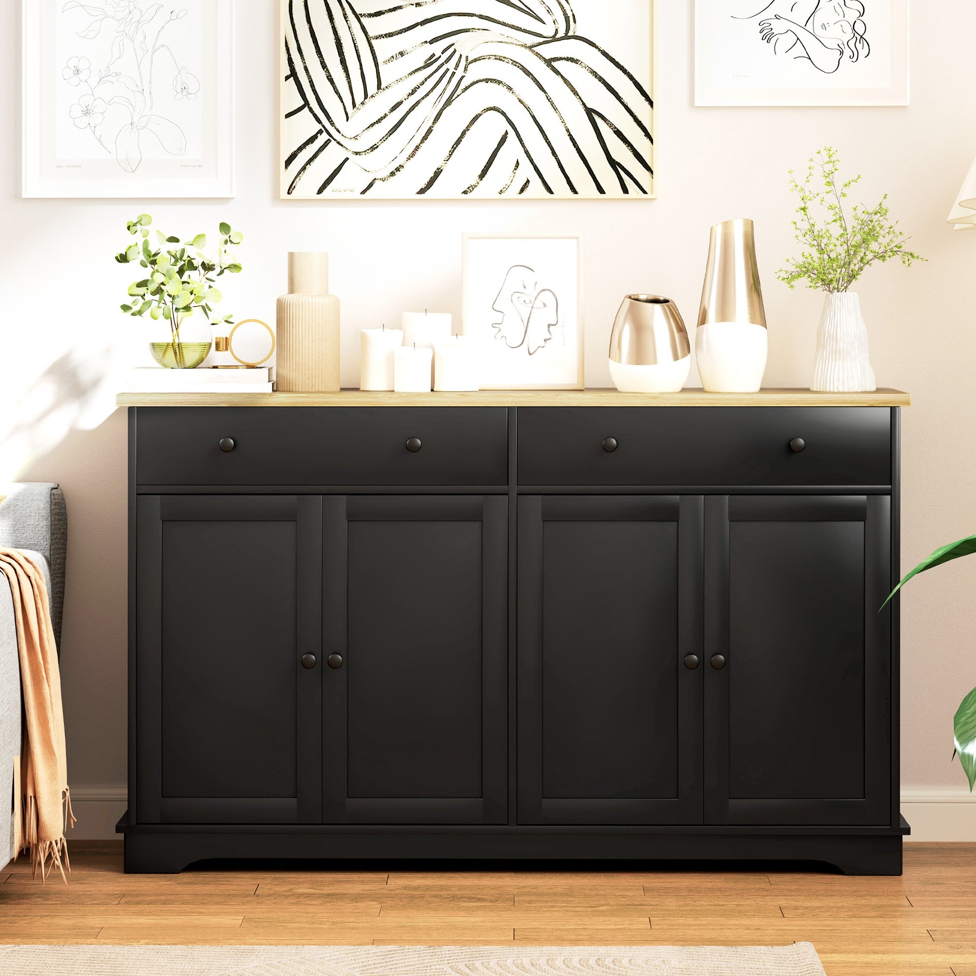 HOMCOM Modern Sideboard, Buffet Cabinet with Storage Drawers, Adjustable Shelves for Living Room, Dining Room, Entryway, Black