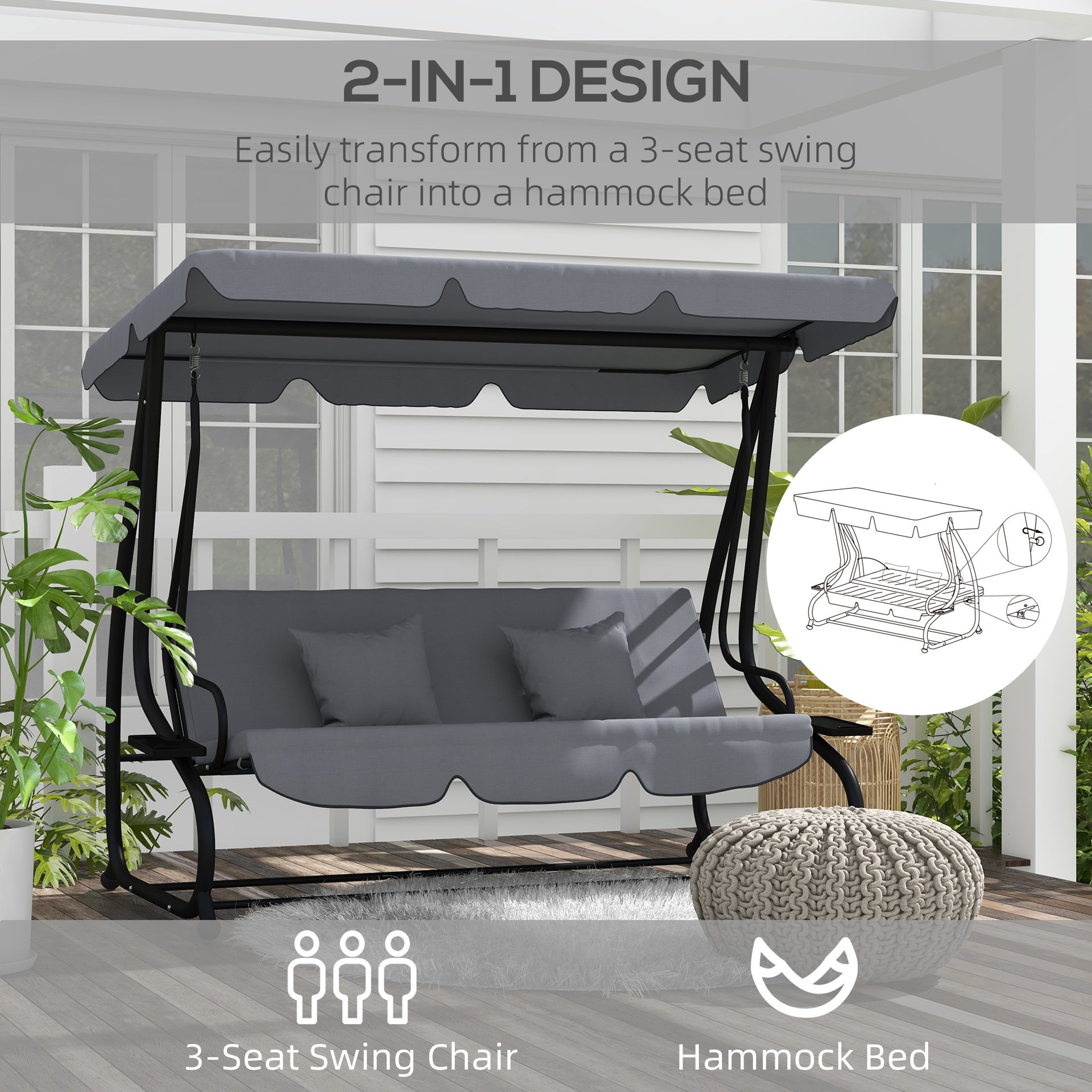 Outsunny Free Standing Swing Bench, Porch Swing with Stand, Adjustable Canopy, Cushion and Pillows, Dark Gray