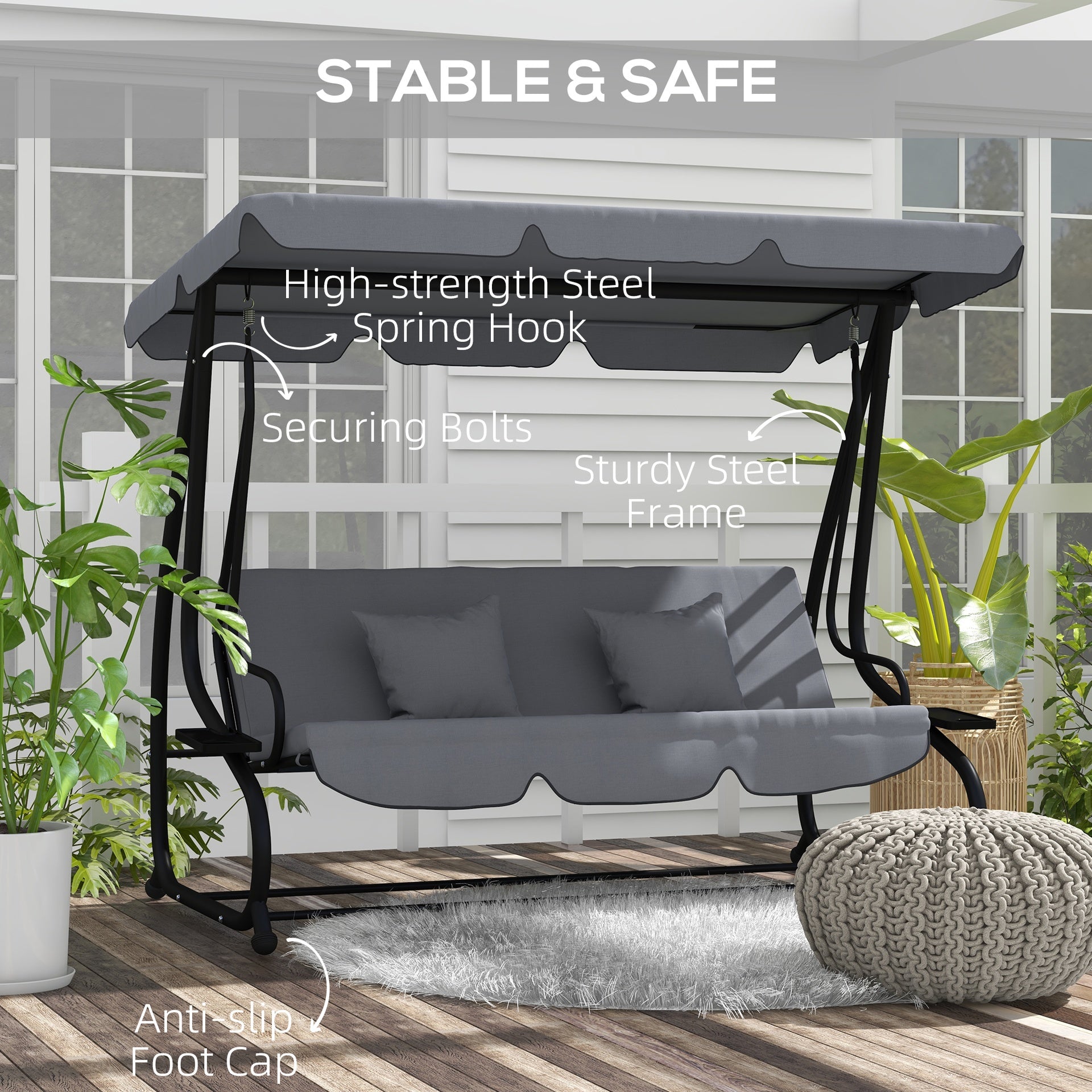 Outsunny Free Standing Swing Bench, Porch Swing with Stand, Adjustable Canopy, Cushion and Pillows, Dark Gray