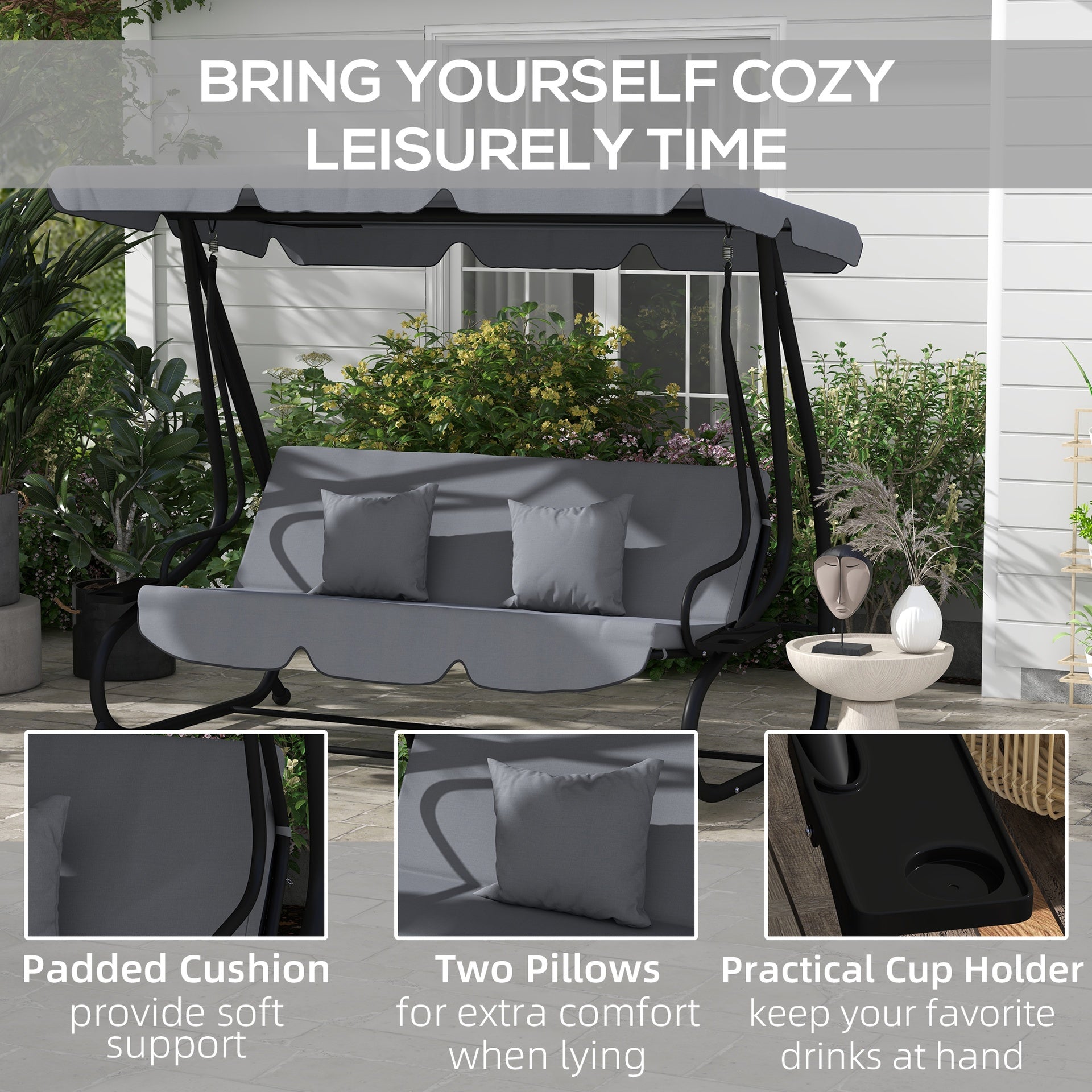 Outsunny Free Standing Swing Bench, Porch Swing with Stand, Adjustable Canopy, Cushion and Pillows, Dark Gray