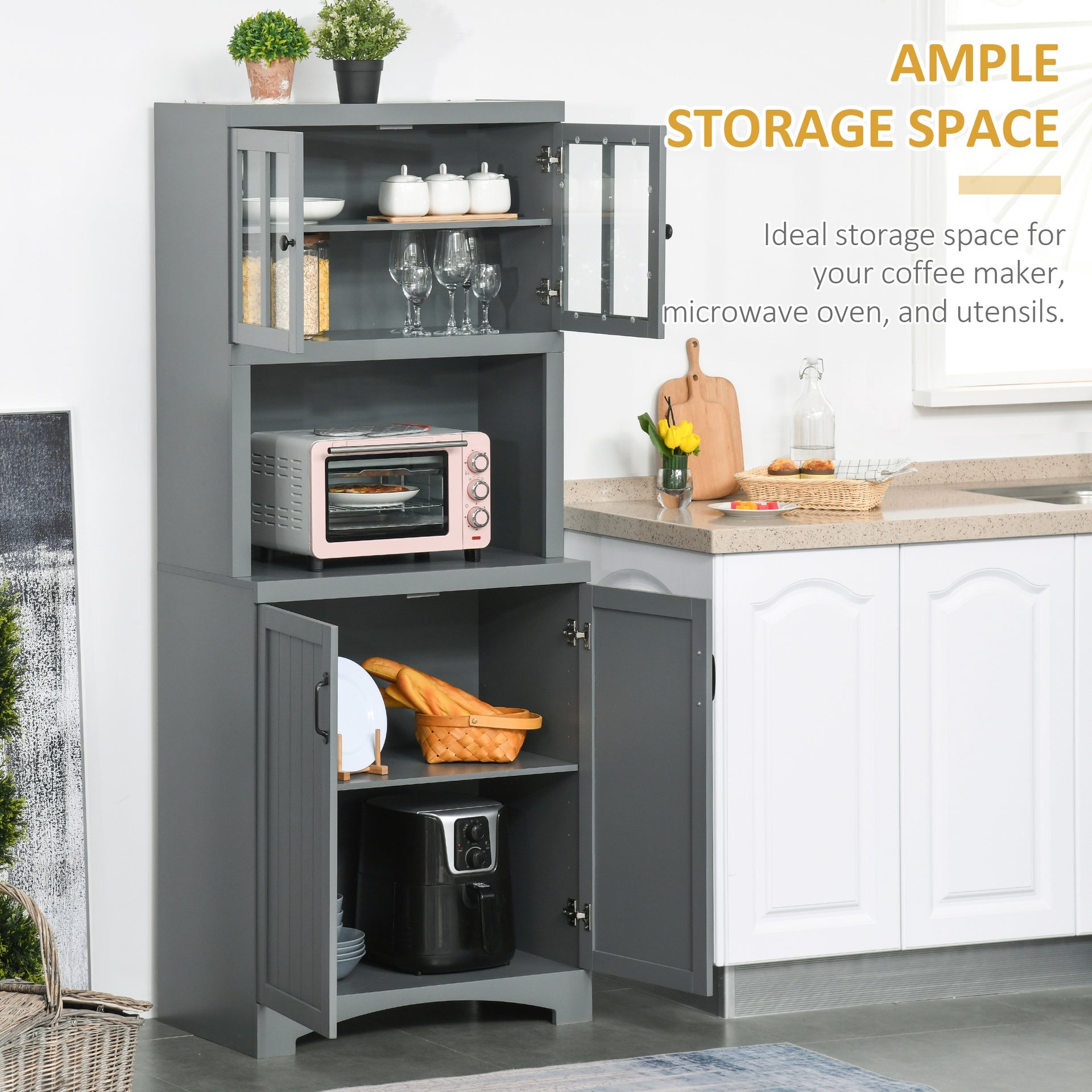 HOMCOM Storage Cabinet with Adjustable Shelves and Microwave Space, 70" Pantry Cabinet with Glass Framed Door, Gray