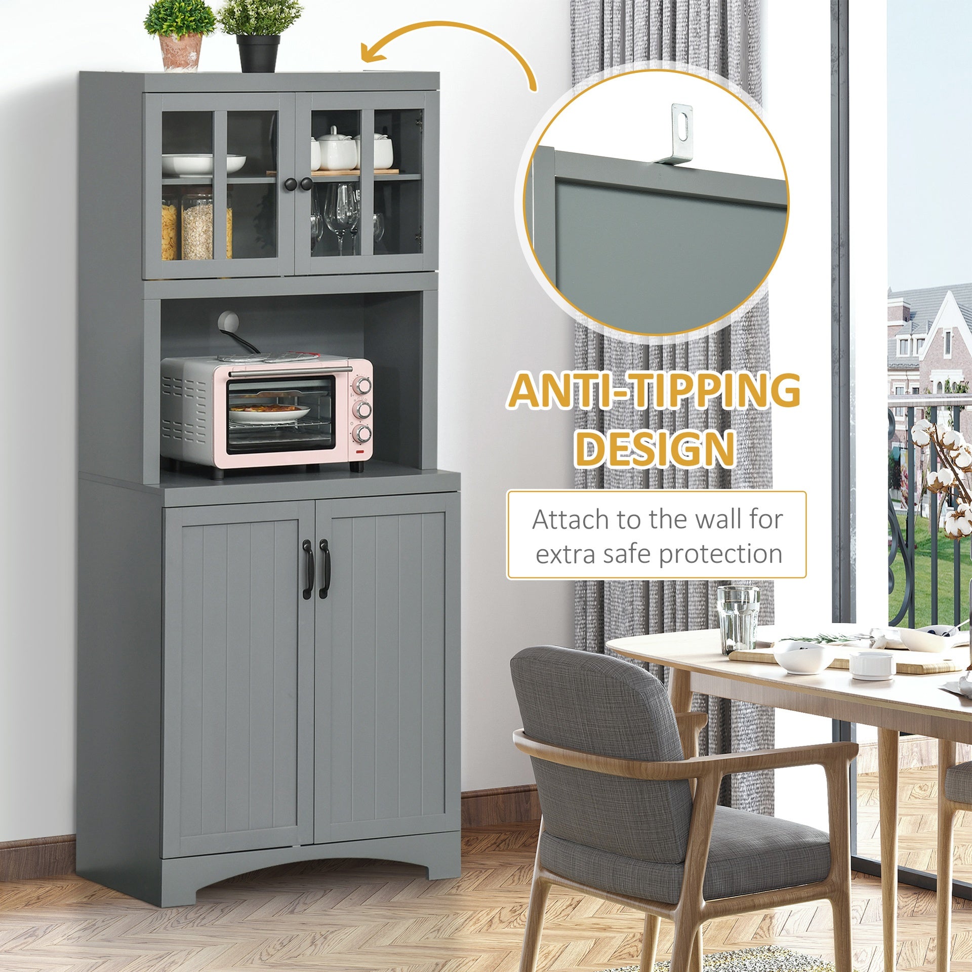 HOMCOM Storage Cabinet with Adjustable Shelves and Microwave Space, 70" Pantry Cabinet with Glass Framed Door, Gray