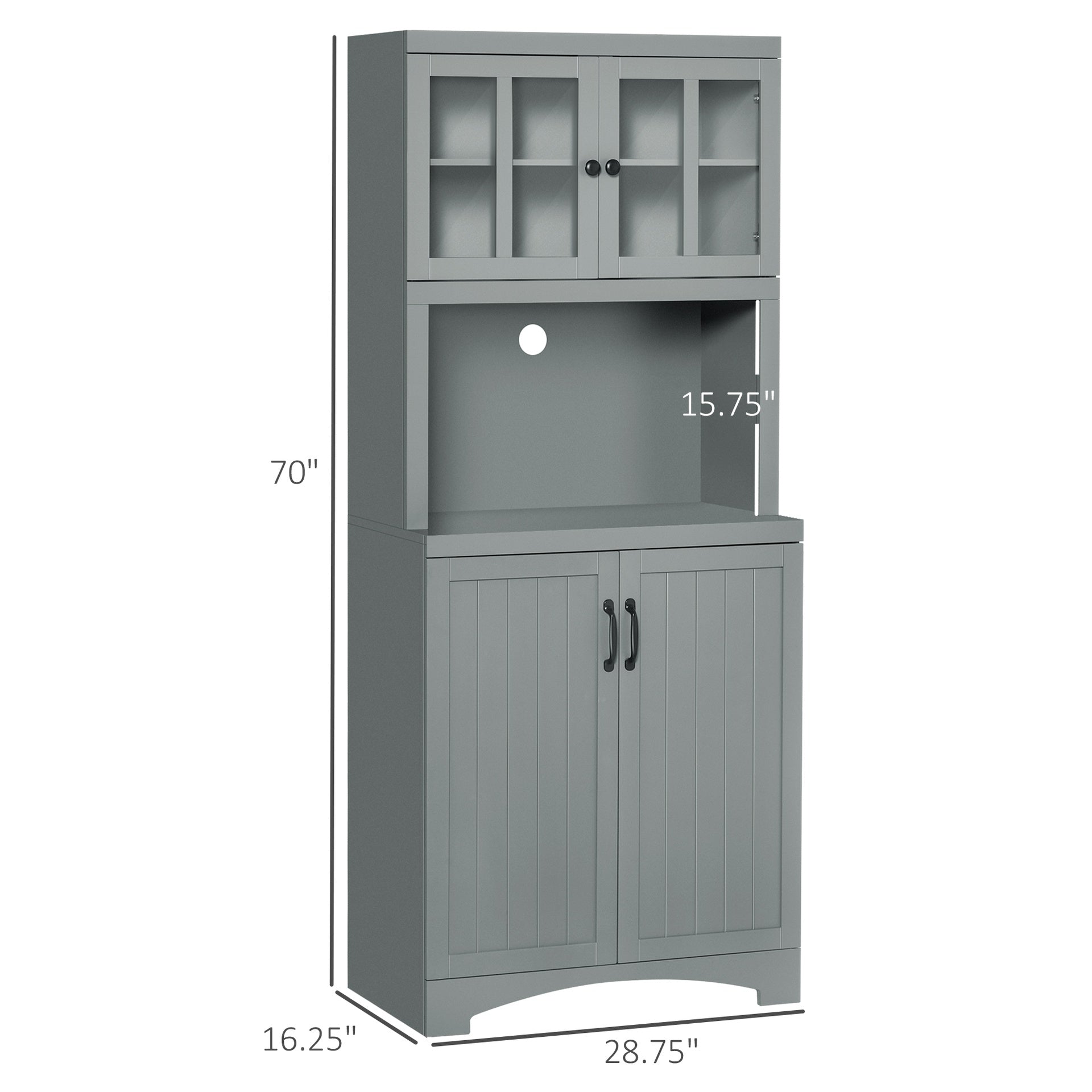 HOMCOM Storage Cabinet with Adjustable Shelves and Microwave Space, 70" Pantry Cabinet with Glass Framed Door, Gray