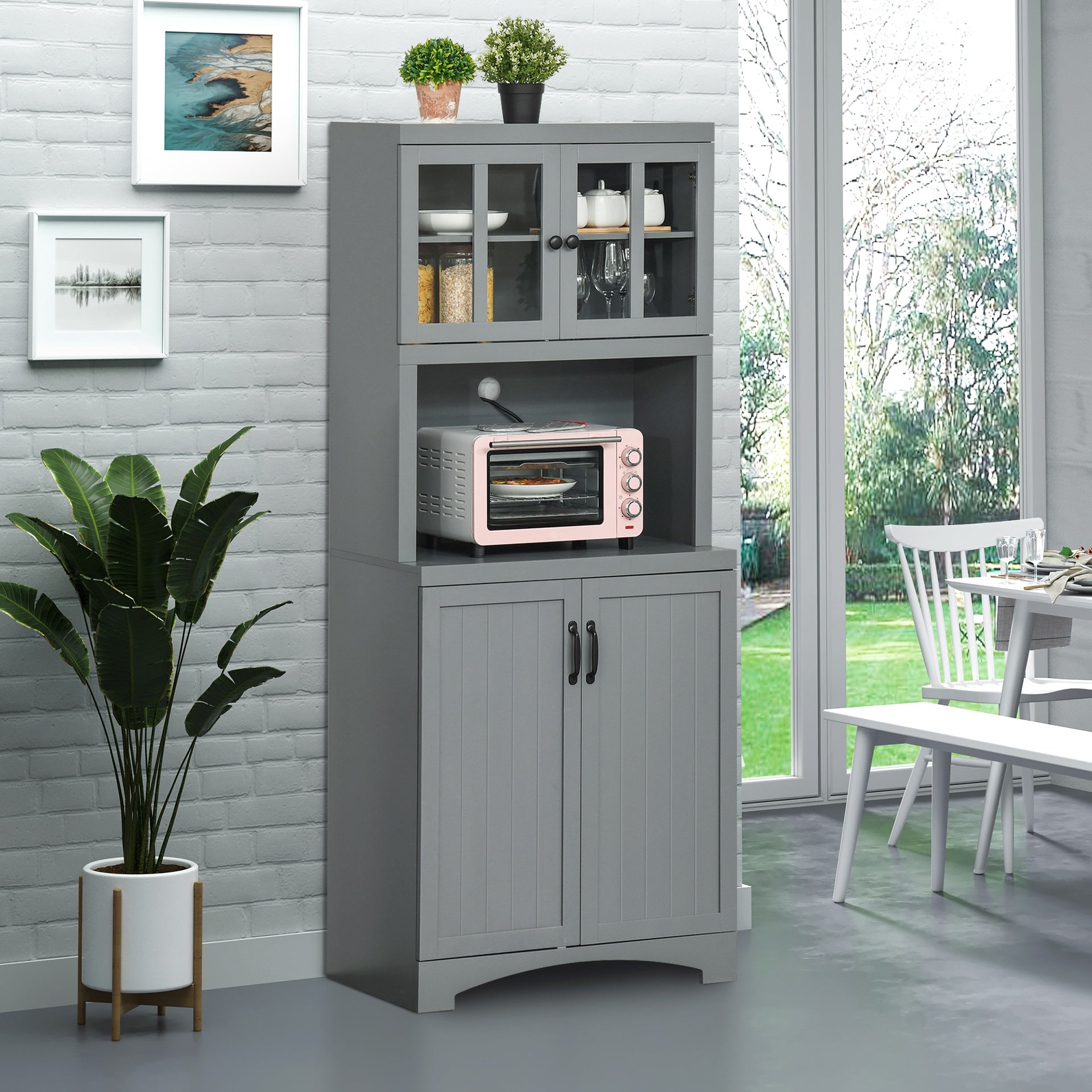 HOMCOM Storage Cabinet with Adjustable Shelves and Microwave Space, 70" Pantry Cabinet with Glass Framed Door, Gray