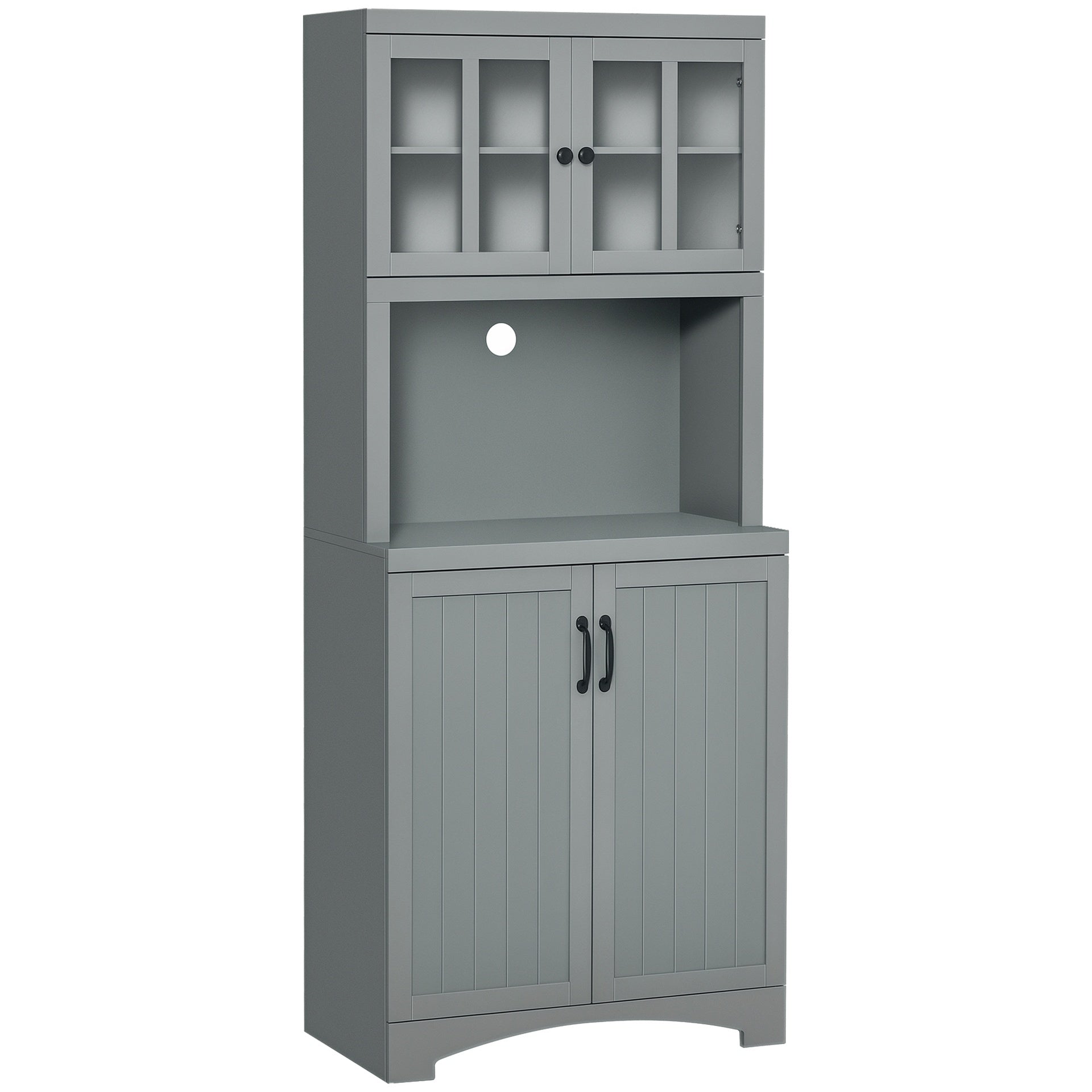HOMCOM Storage Cabinet with Adjustable Shelves and Microwave Space, 70" Pantry Cabinet with Glass Framed Door, Gray