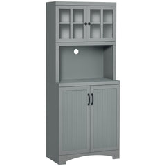 HOMCOM Storage Cabinet with Adjustable Shelves and Microwave Space, 70" Pantry Cabinet with Glass Framed Door, Gray