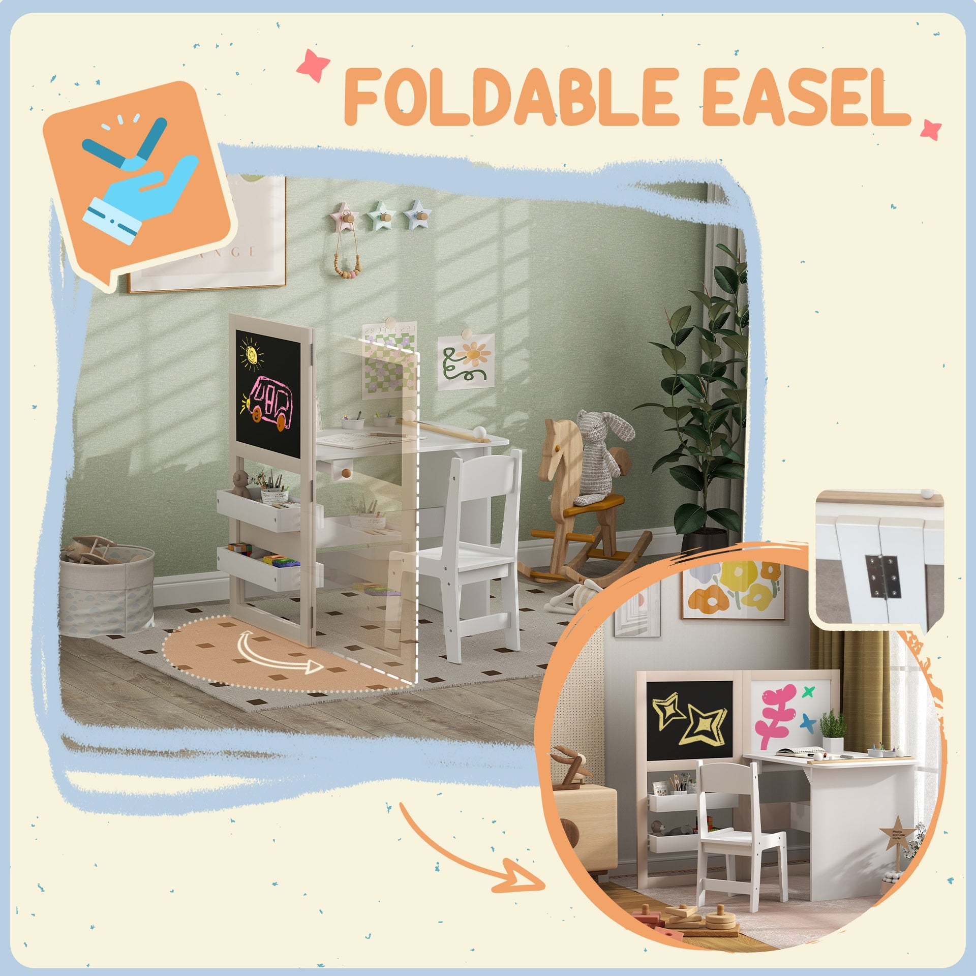 Qaba 3 in 1 Kids Table and Chair Set with Storage, Whiteboard, Blackboard & Roll Paper for 3-8 Years, White