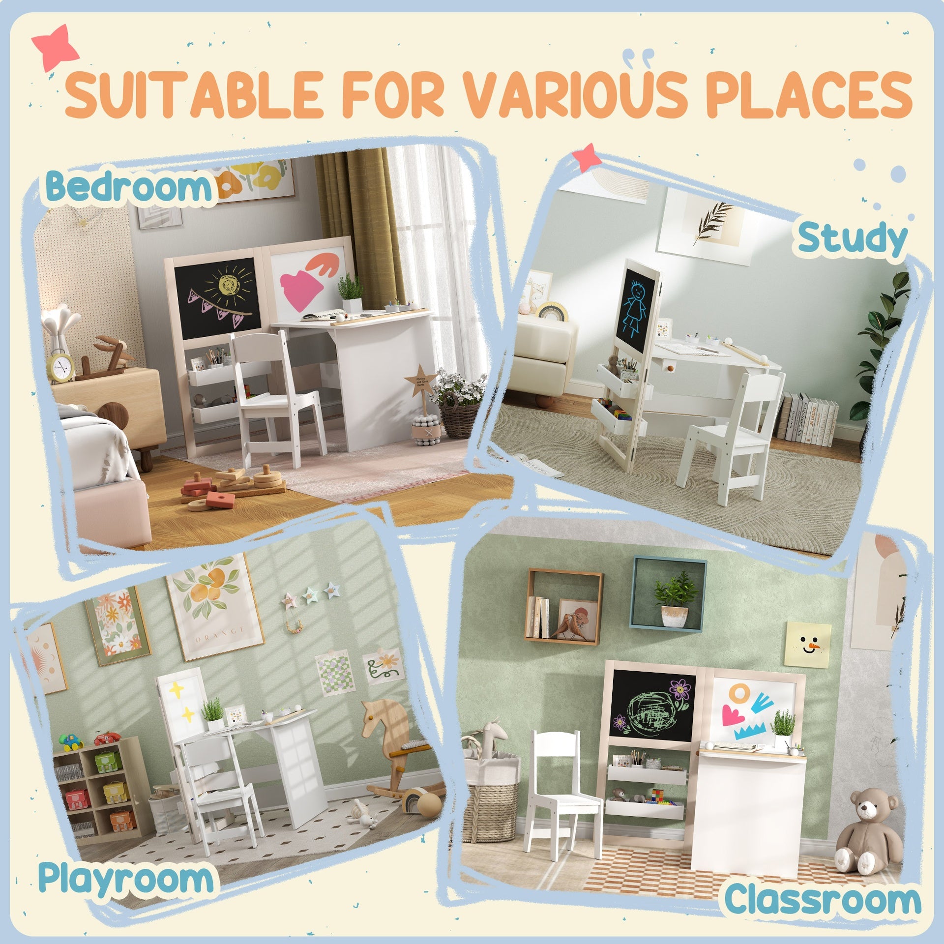 Qaba 3 in 1 Kids Table and Chair Set with Storage, Whiteboard, Blackboard & Roll Paper for 3-8 Years, White