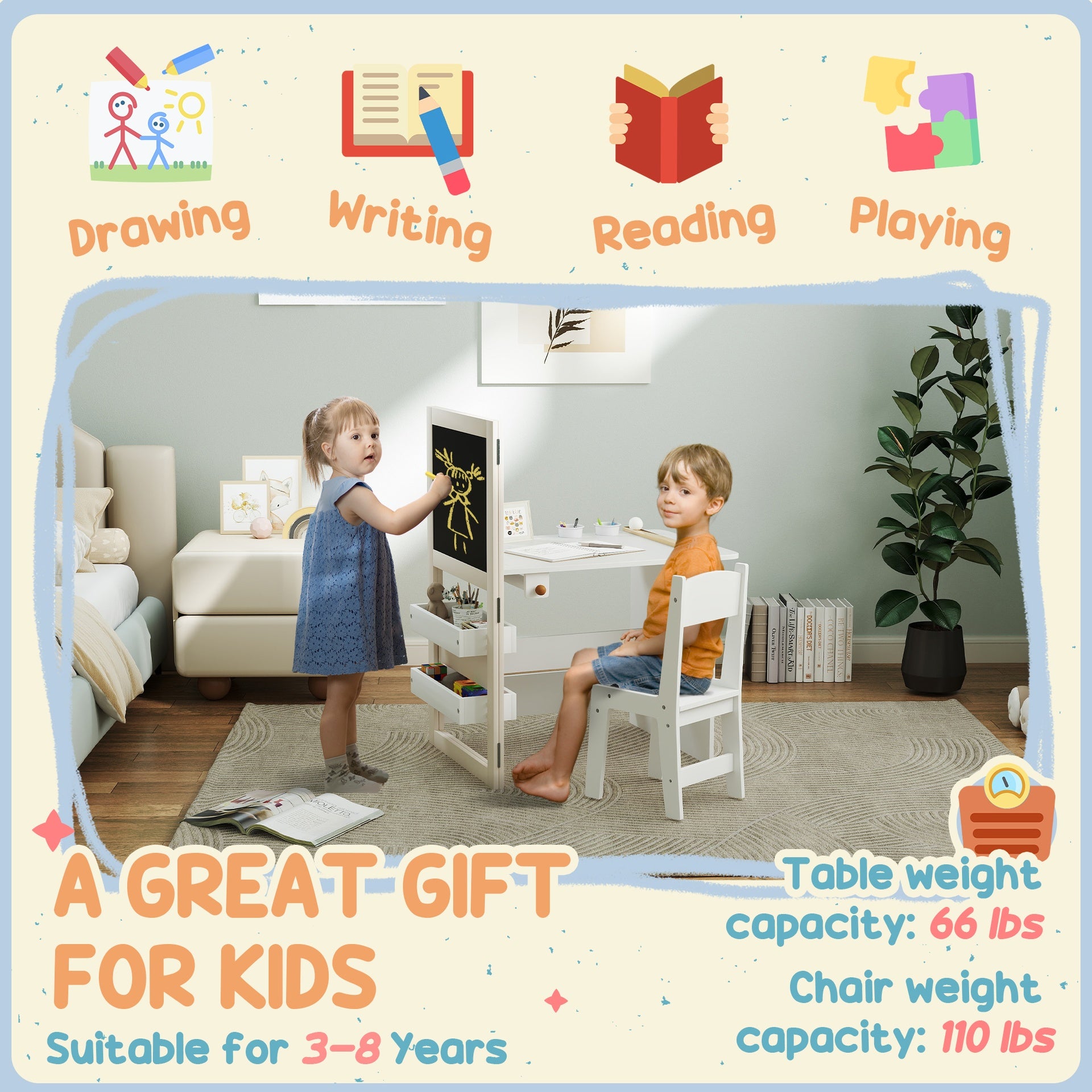 Qaba 3 in 1 Kids Table and Chair Set with Storage, Whiteboard, Blackboard & Roll Paper for 3-8 Years, White