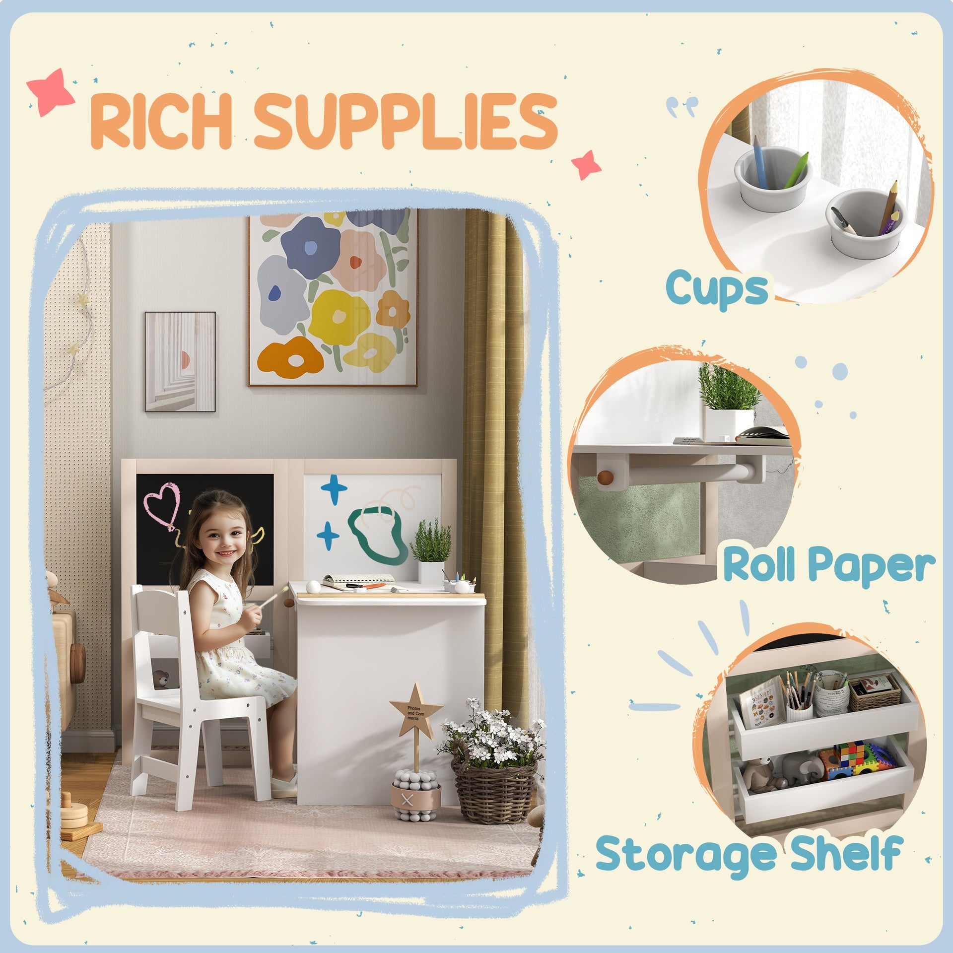 Qaba 3 in 1 Kids Table and Chair Set with Storage, Whiteboard, Blackboard & Roll Paper for 3-8 Years, White