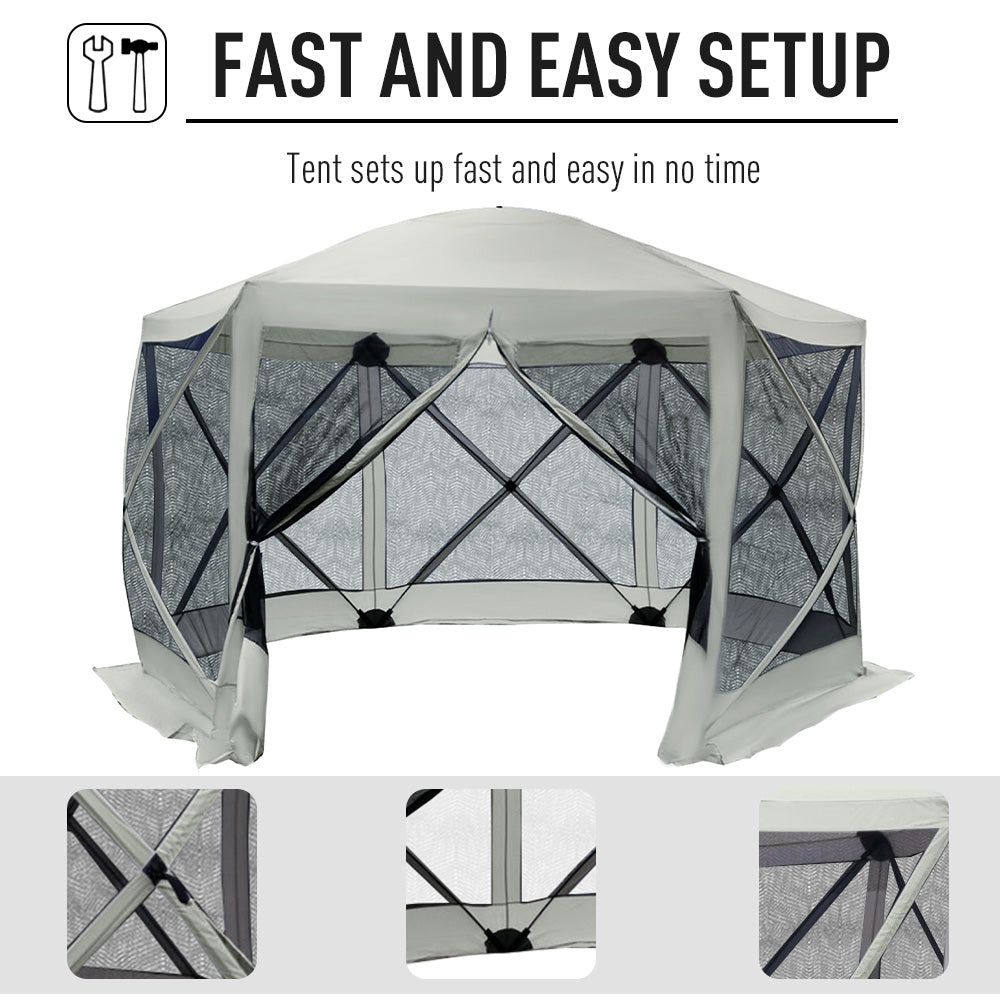 Outsunny 6-Sided Hexagon Pop Up Party Tent Gazebo with Mesh Netting Walls & Shaded Interior, 12' x 12', Beige
