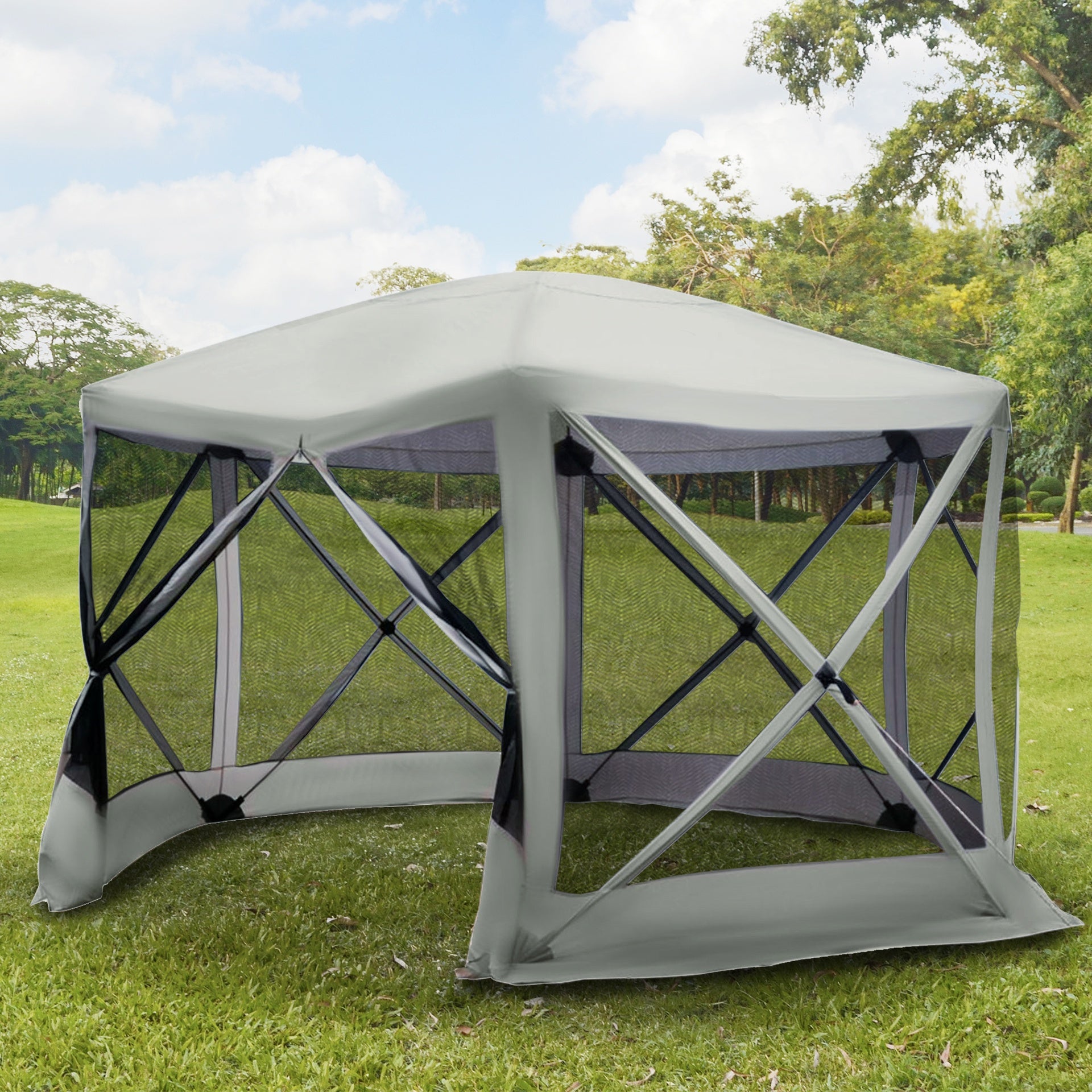 Outsunny 6-Sided Hexagon Pop Up Party Tent Gazebo with Mesh Netting Walls & Shaded Interior, 12' x 12', Beige