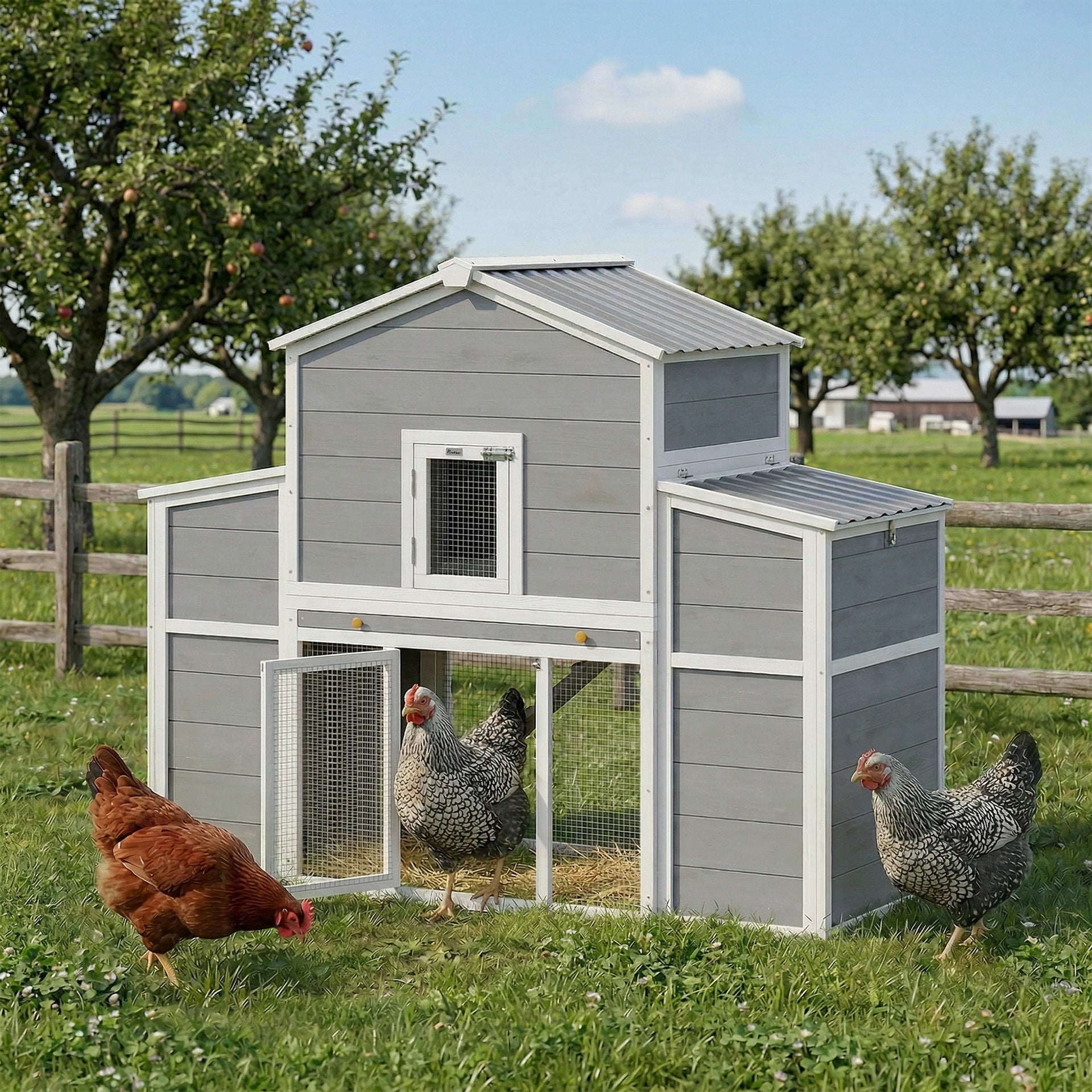 PawHut 66.5" Large Chicken Coop, Wooden Chicken House with 2 Nesting Boxes, Sliding Tray & Ramp, for Backyard Farm