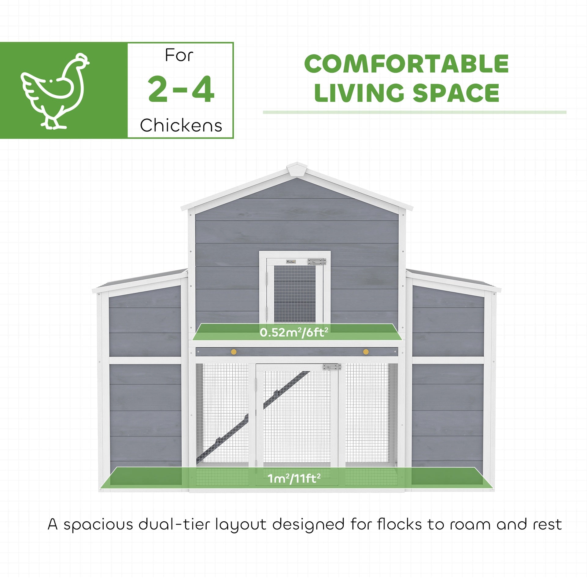 PawHut 66.5" Large Chicken Coop, Wooden Chicken House with 2 Nesting Boxes, Sliding Tray & Ramp, for Backyard Farm