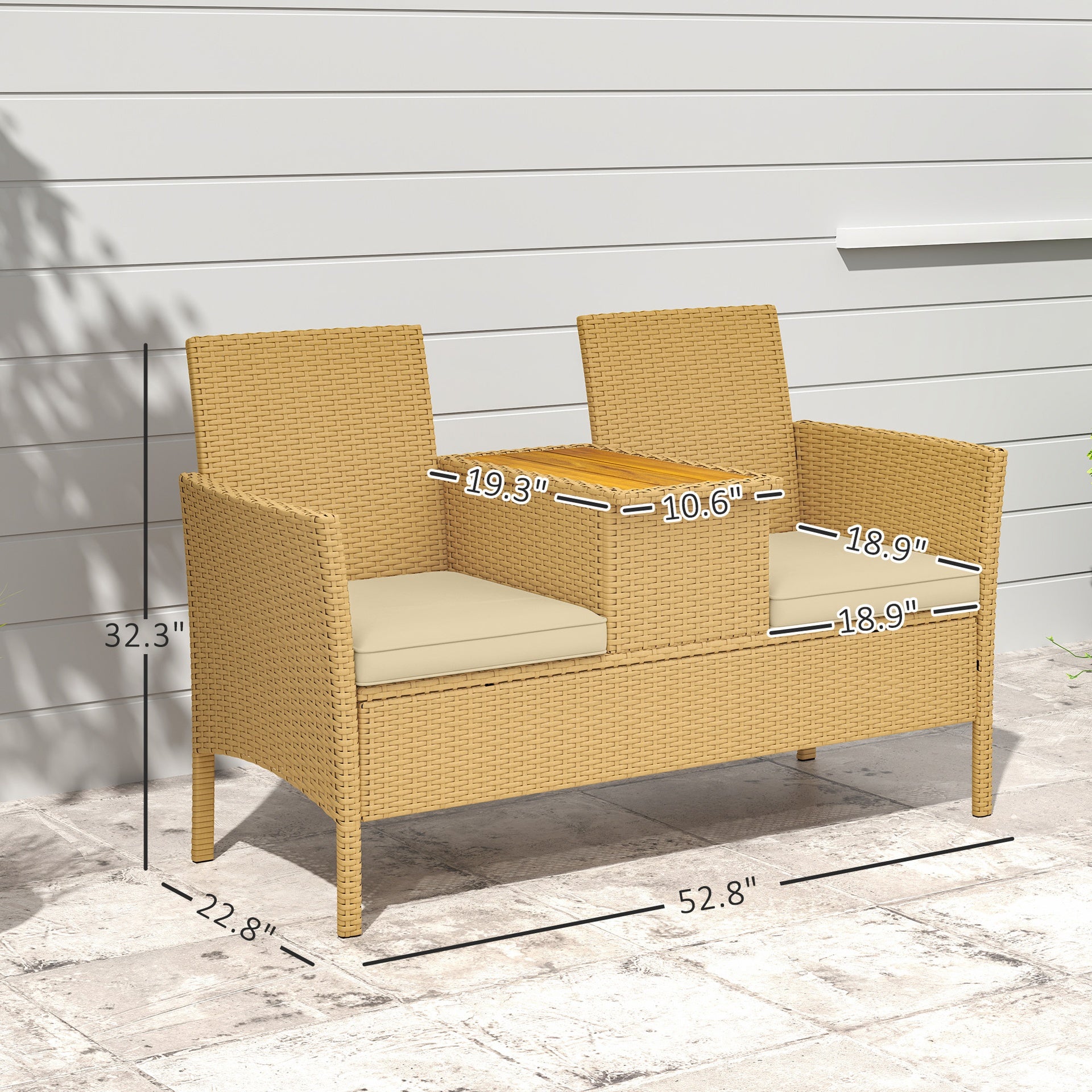 Outsunny Patio Sofa Wicker Loveseat with Built-in Flip-Top Coffee Table and Cushions for Balcony, Garden, Lawn, Backyard, Khaki