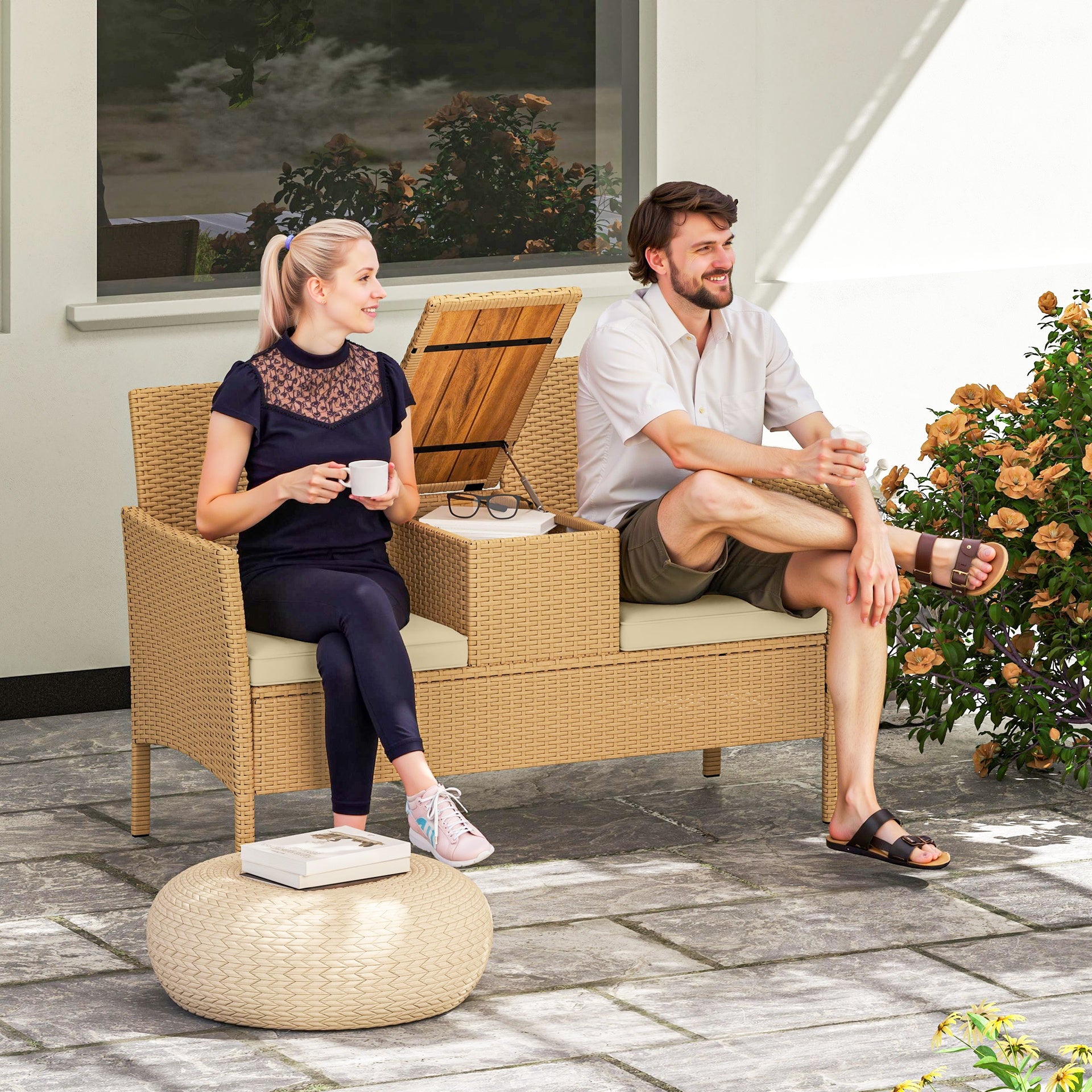 Outsunny Patio Sofa Wicker Loveseat with Built-in Flip-Top Coffee Table and Cushions for Balcony, Garden, Lawn, Backyard, Khaki